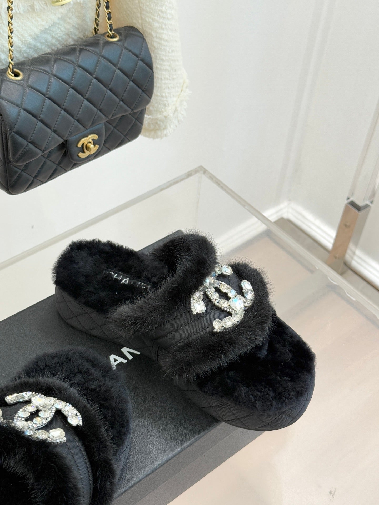 CC slipper double C rhinestone buckle black wool 512051