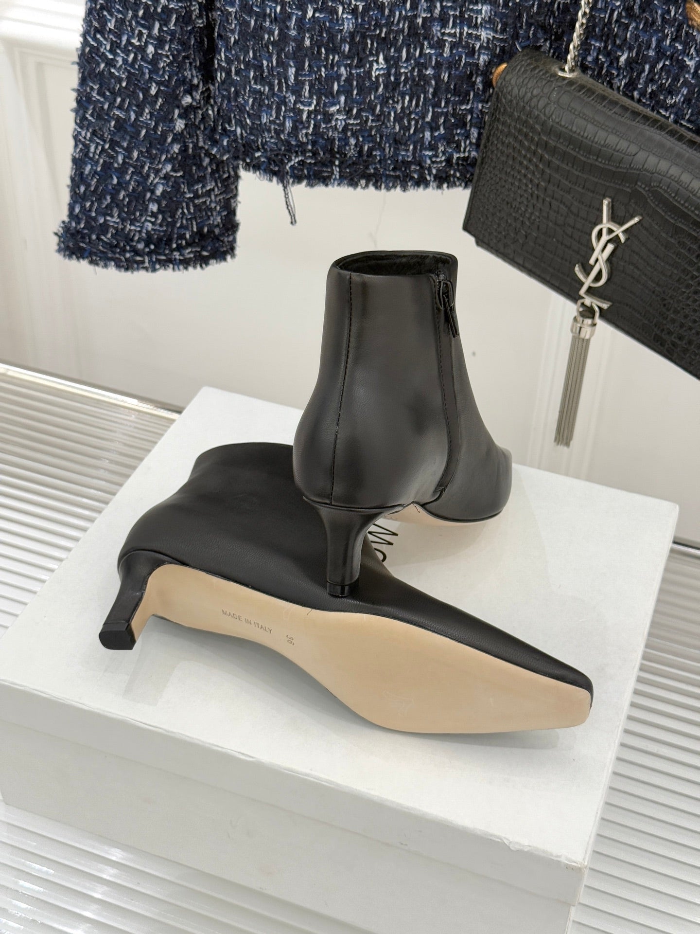 The Row 2025  Square Toe Kitten Heel Ankle Boot Black Sheepskin 572054