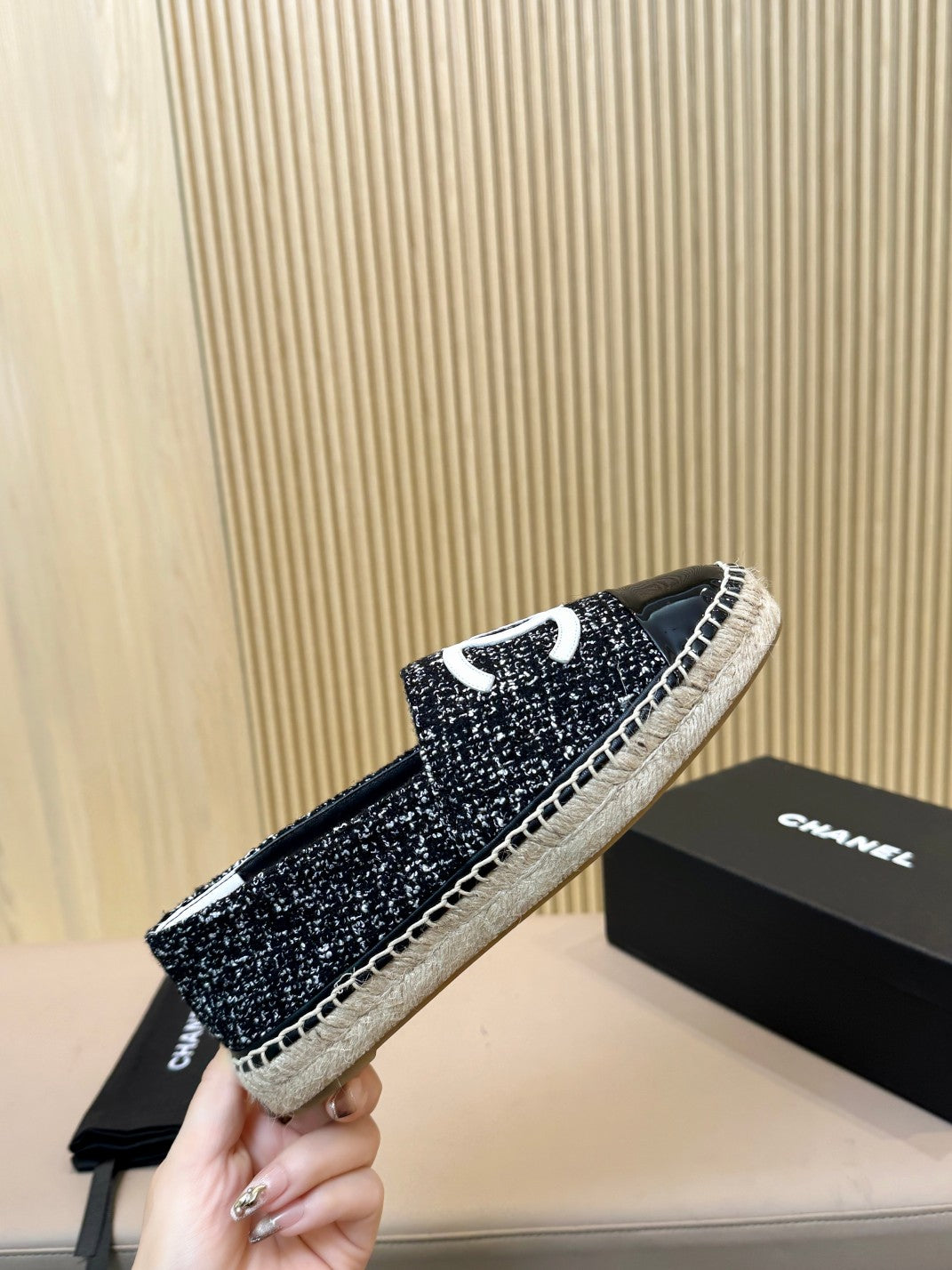cc espadrilles black white tweed black patent calfskin