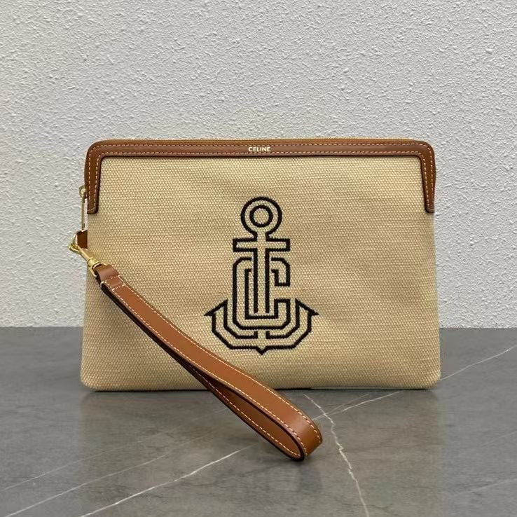 Celine 2026 Pouch With Strap 24cm Natural Tan Textile Calfskin