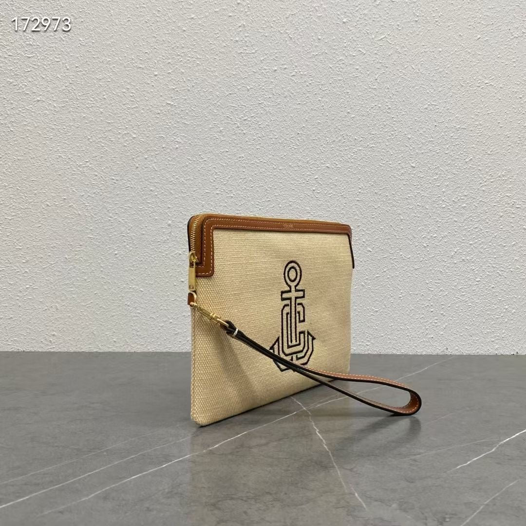 Celine 2026 Pouch With Strap 24cm Natural Tan Textile Calfskin