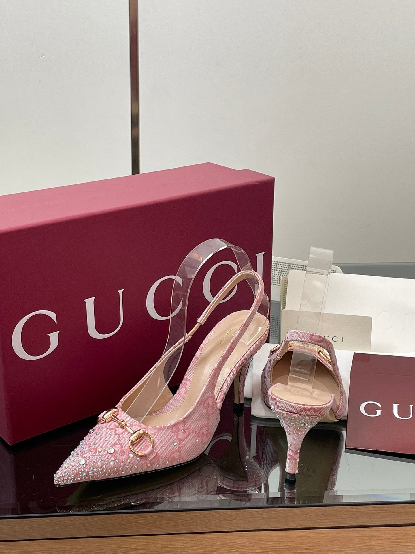 GG Horsebit Slingback 75mm Pink Ebony Monogram Canvas Point Toe Crystal-Embellished