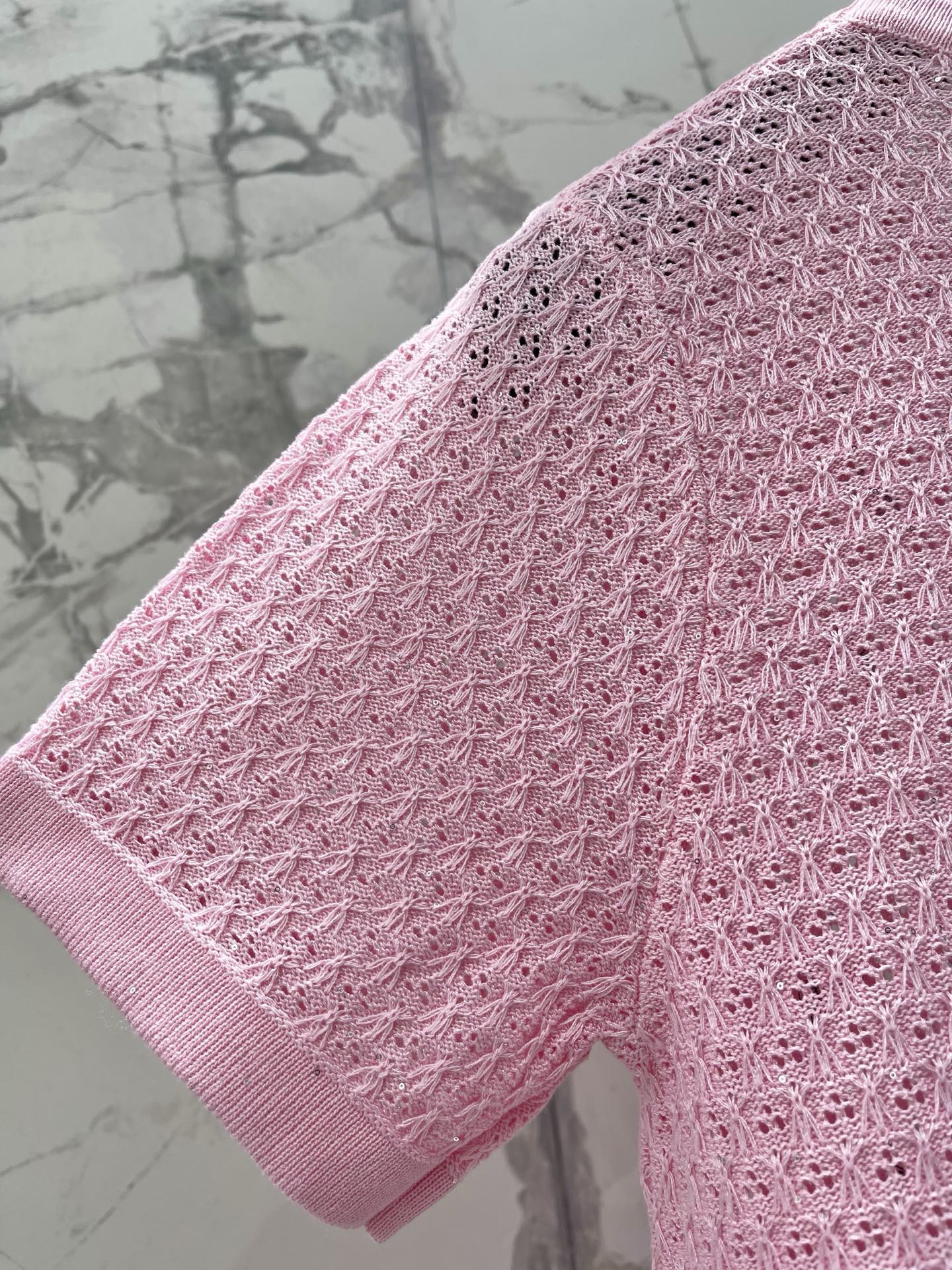 Dior 2026 Embroidered Bow Knit Short-sleeved Top Pink Cotton 714725