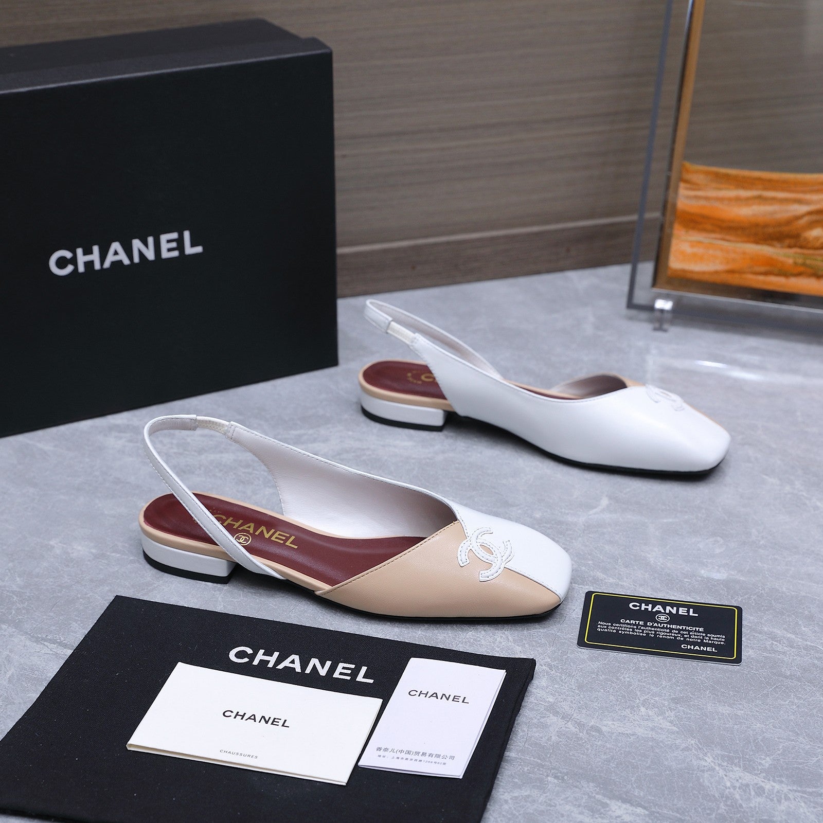 Chanel 2026 Slingback Beige White Suede Leather 758403