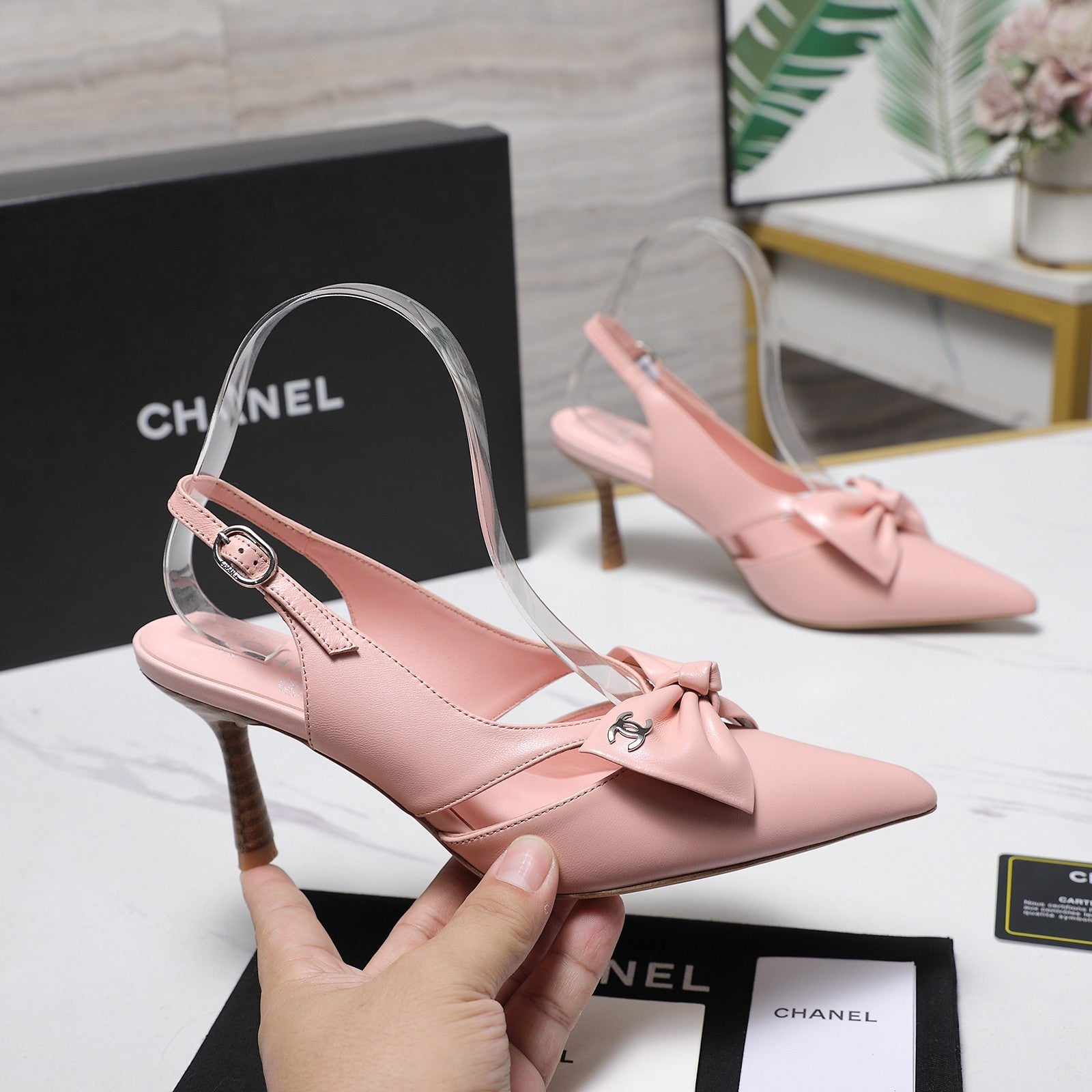 Chanel 2026 Bow Strappy High-Heeled Slingback 80mm Pink Cowhide 758437