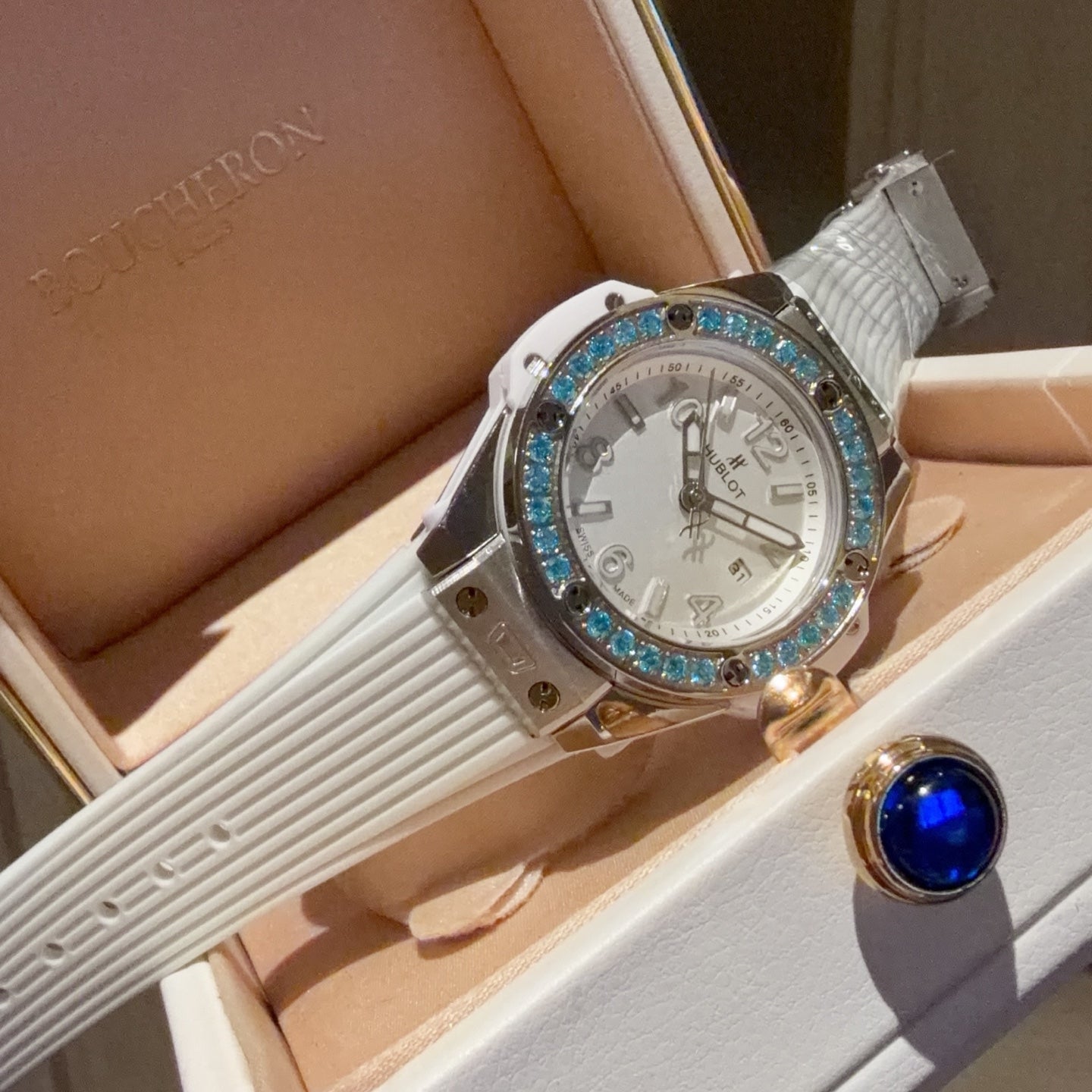 Hublot Big Bang One Click Joyful Steel Sky Blue 33mm Watch White Strap