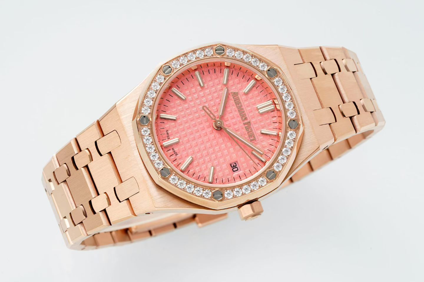 Audemars Piguet Royal Oak 34mm Pink Dial Pink Gold Case Diamond Bezel