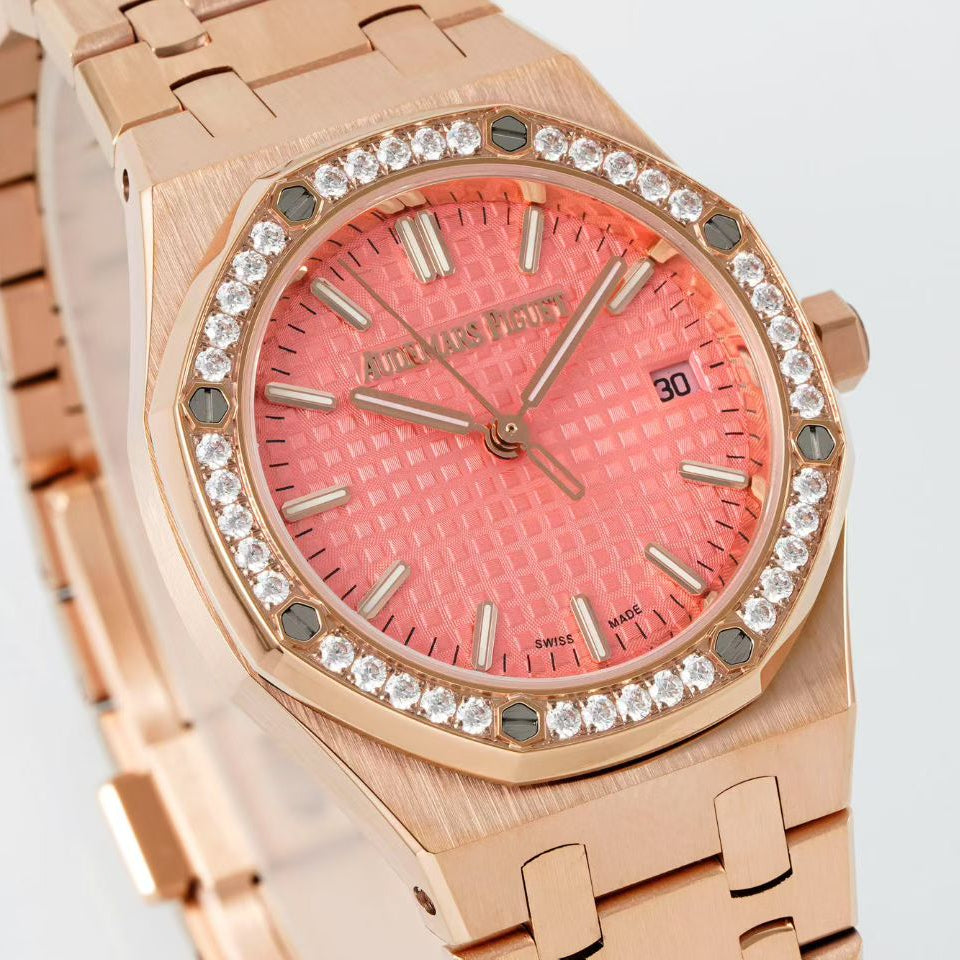 Audemars Piguet Royal Oak 34mm Pink Dial Pink Gold Case Diamond Bezel