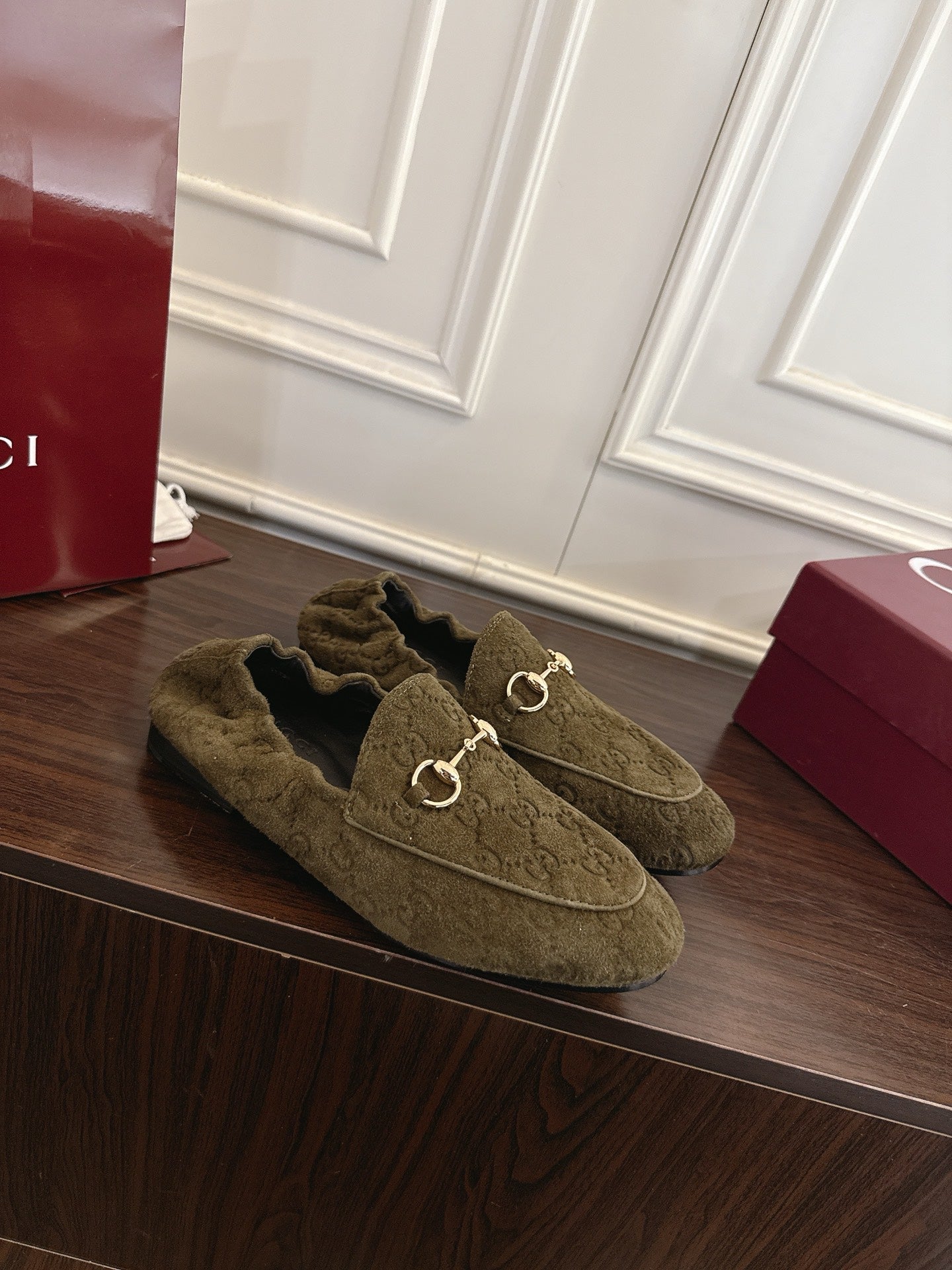 GG 26SS Loafers Olive Green Monogram Suede Leather 645960