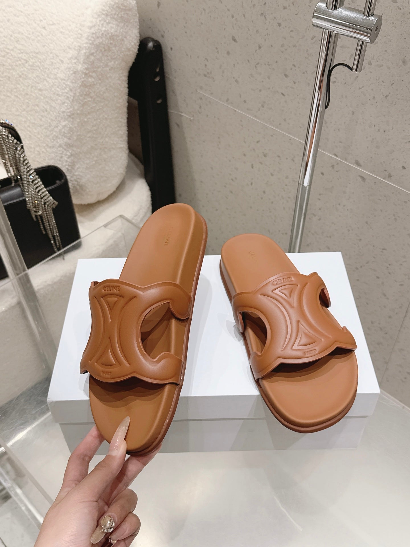 Celine 26 Triomphe Slide Sandals Calfskin 763171