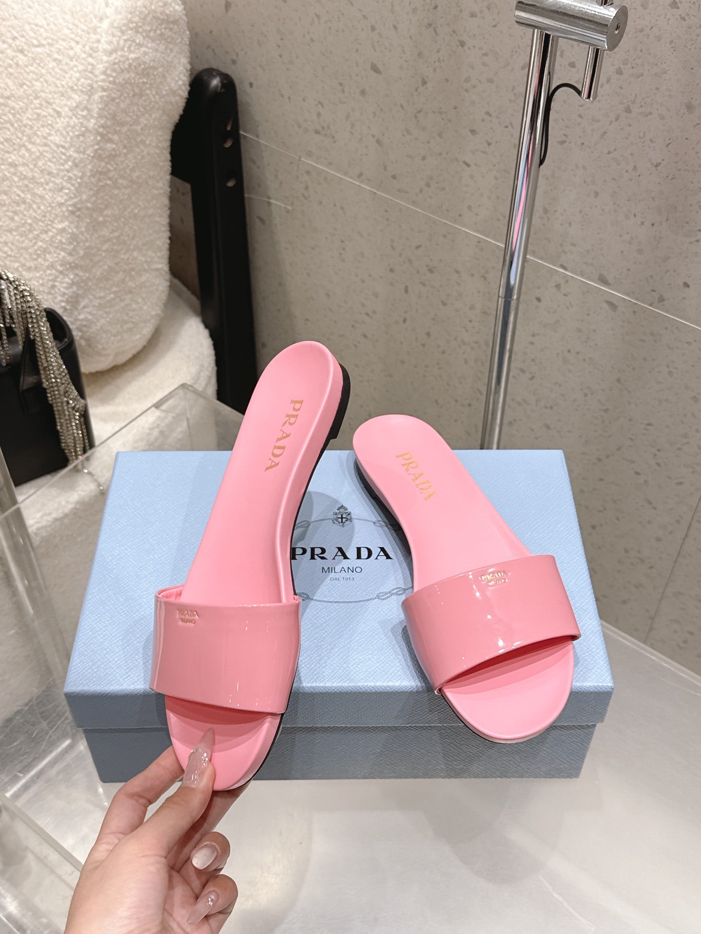 Prada 2026 Slides Sandals Patent Leather 762986