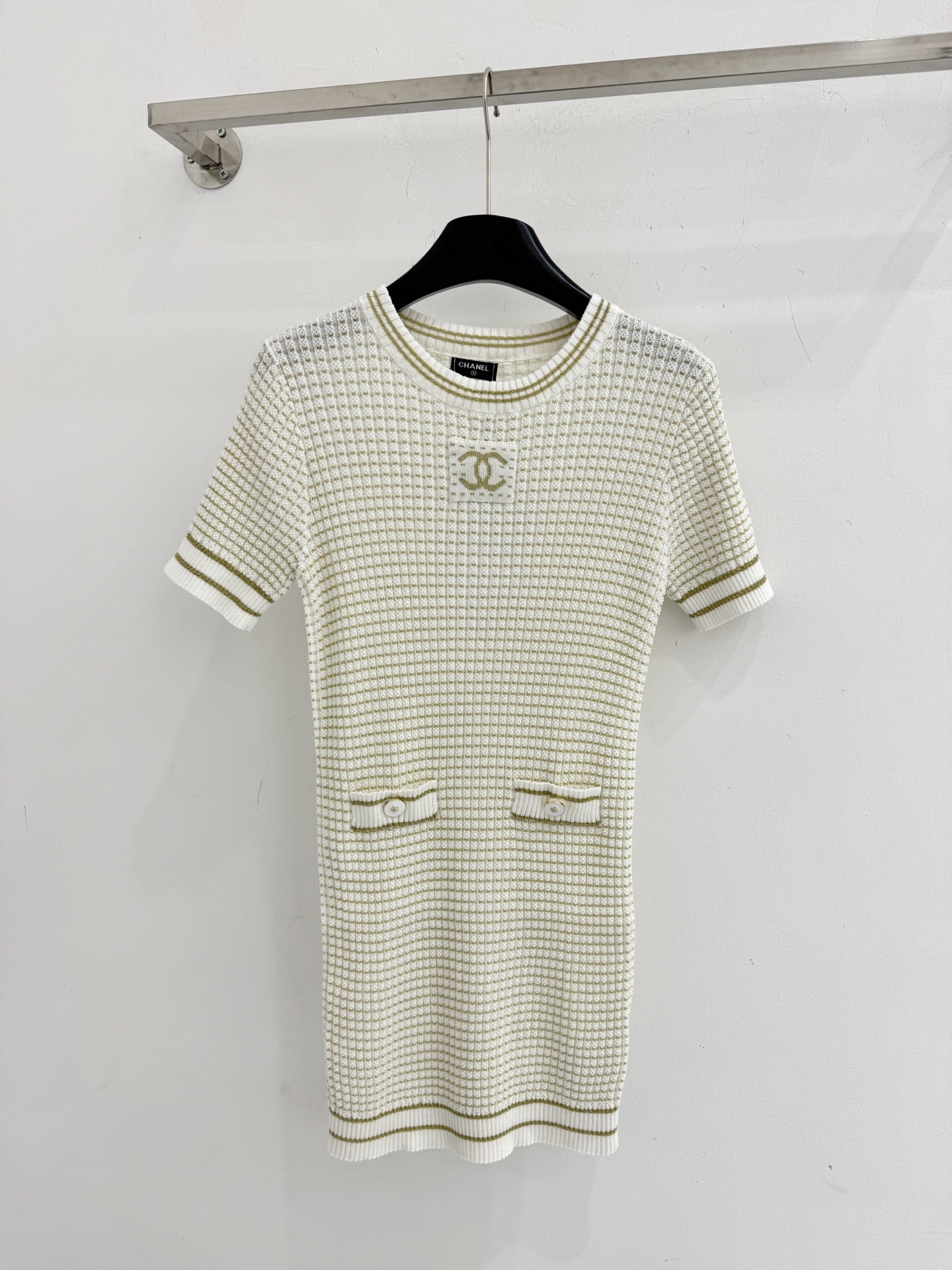 Chanel 2026 Knitted Short-Sleeve Dress Off-white and Black Tencel Nylon