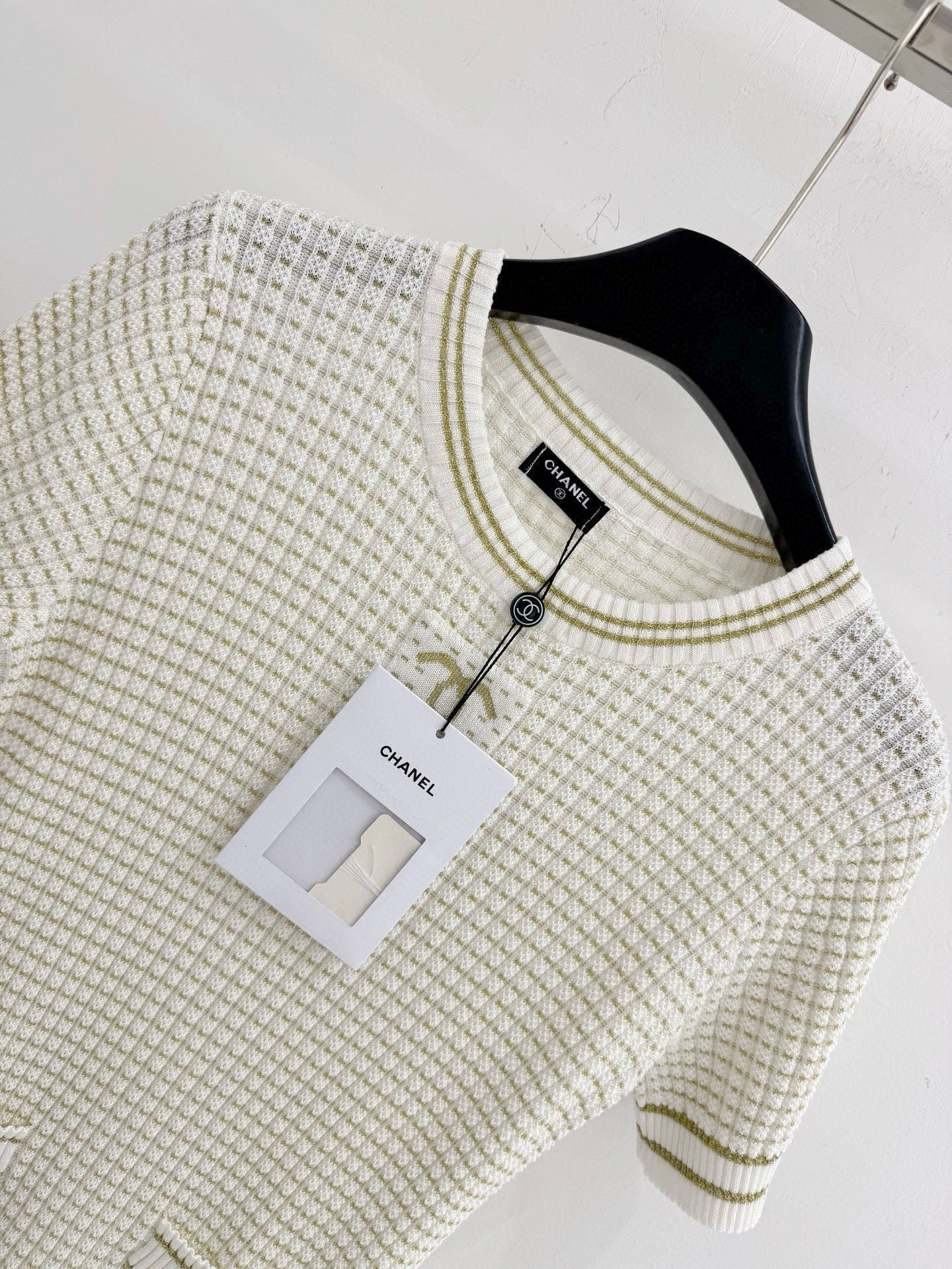 Chanel 2026 Knitted Short-Sleeve Dress Off-white and Black Tencel Nylon