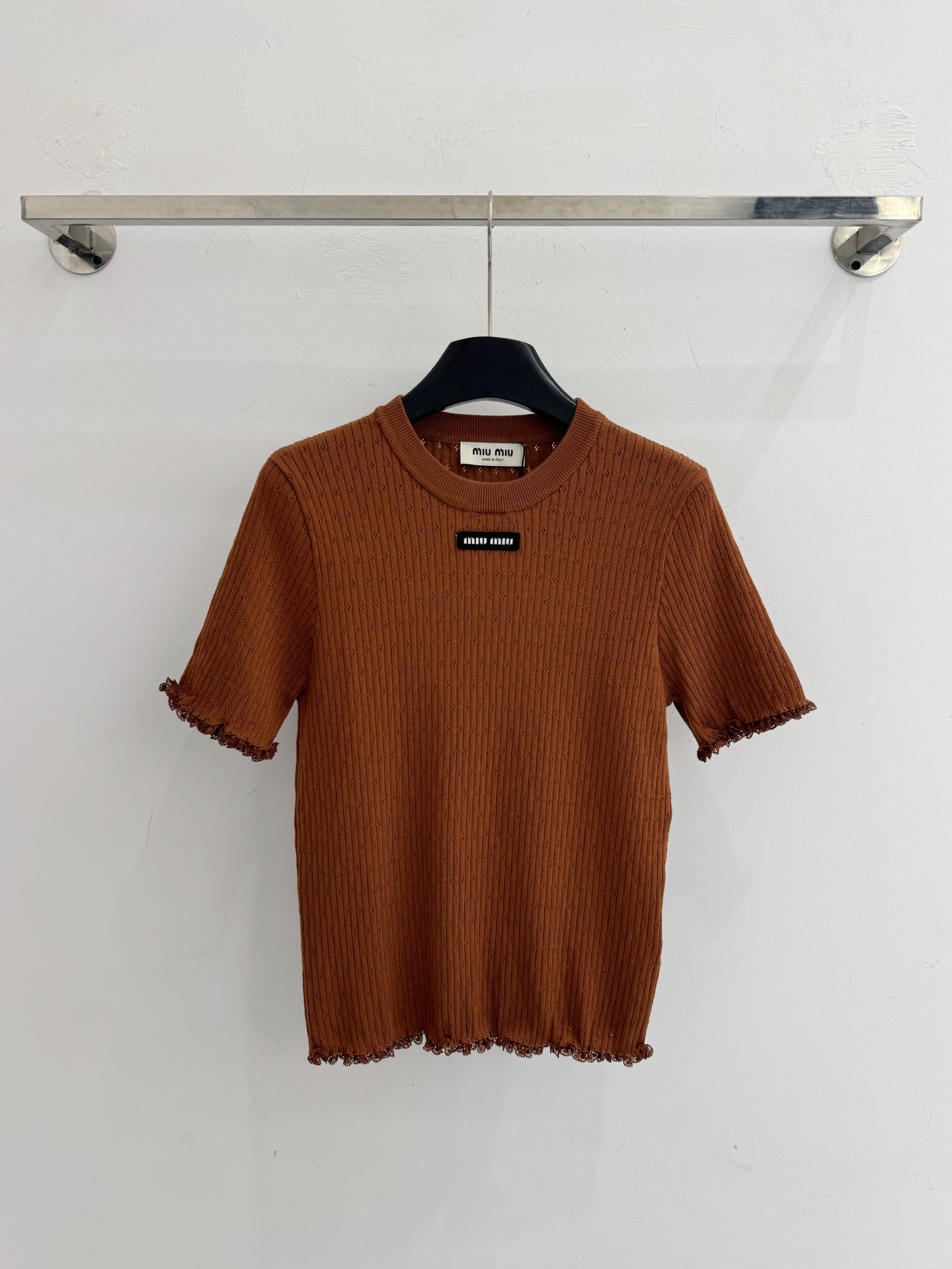 Miumiu 2026 Lace-trimmed Knit Short-sleeved Top Tencel Wool 179453