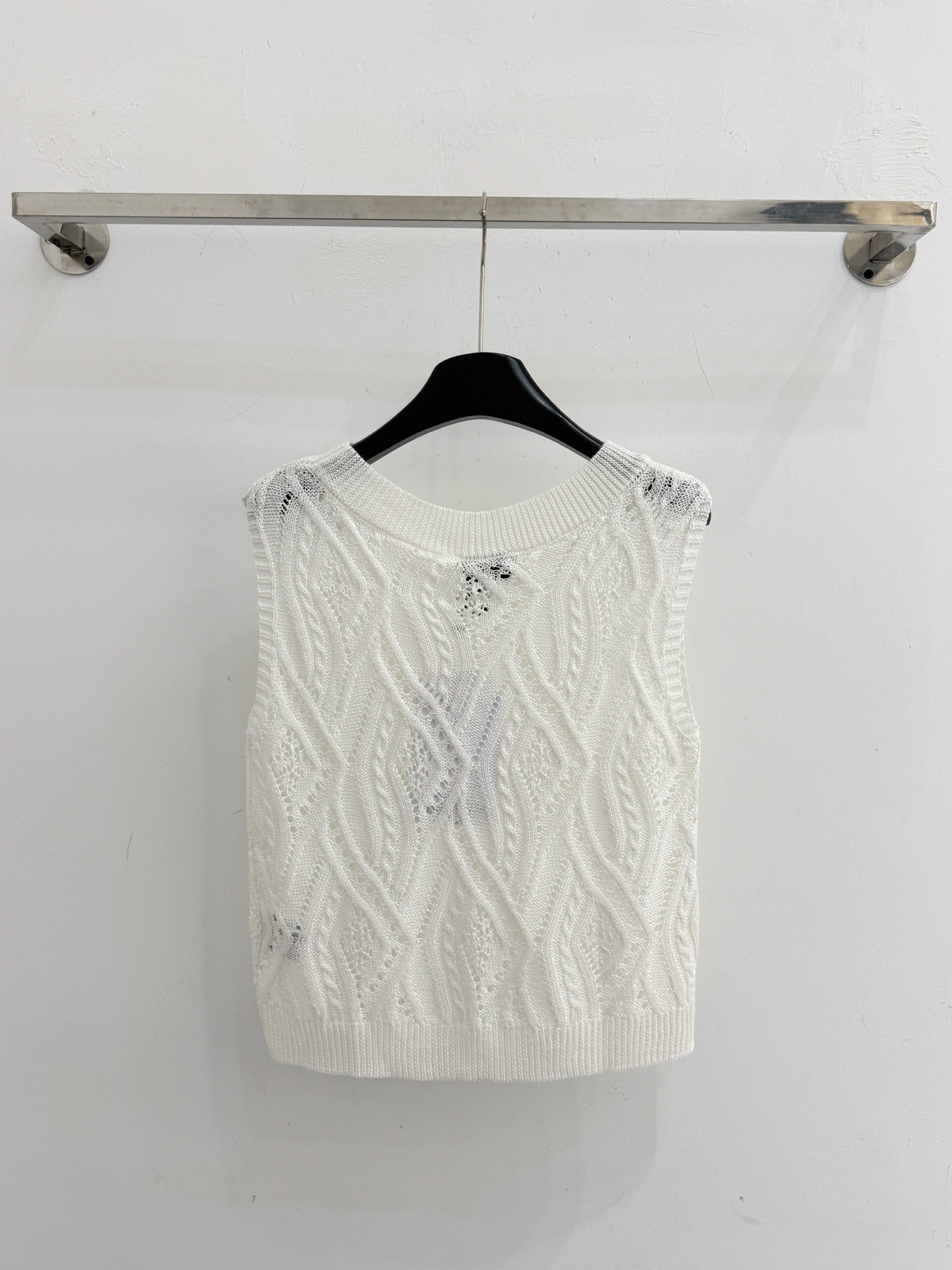 Chanel 2026 Hollow-Out Knitted Vest Blue and White Wool 336792