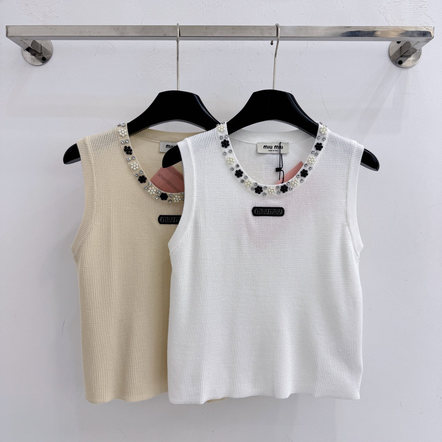 Miumiu 2026 Crew Neck Beaded Knit Vest Tencel Wool 375082