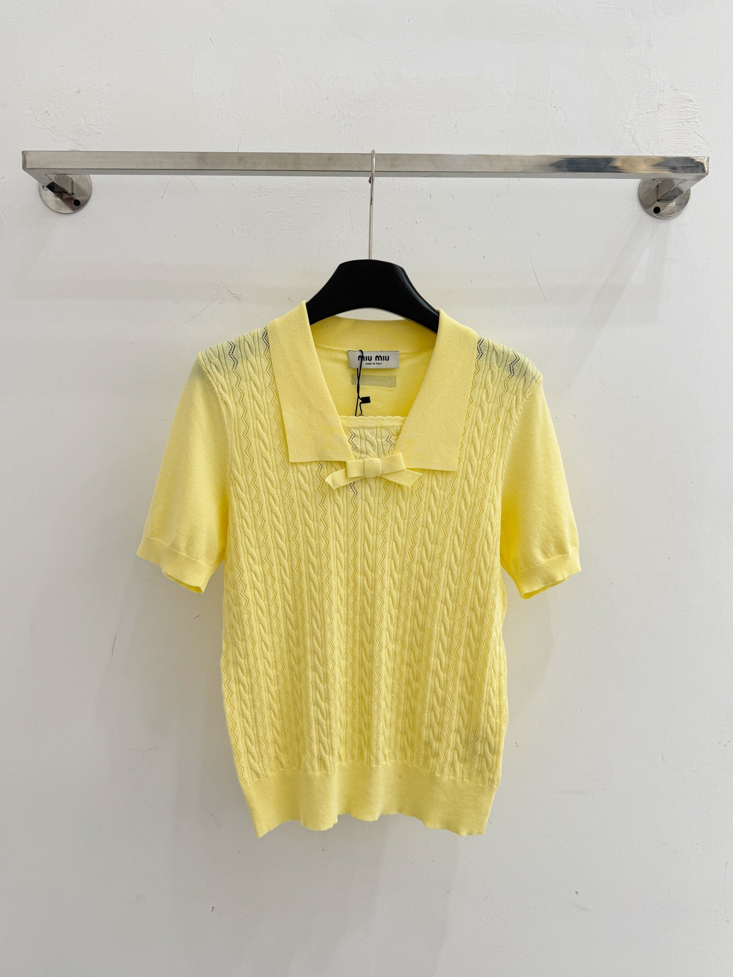 Miumiu 2026 Collared Bow Cable Knit Short-Sleeve T-Shirt Wool 513865