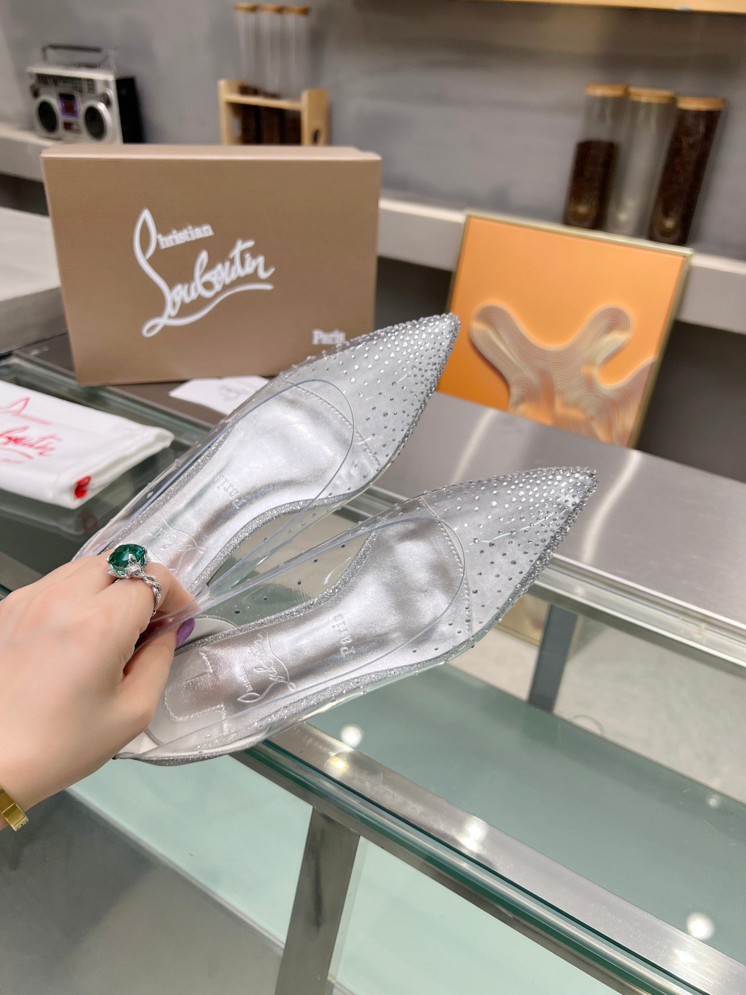 CL Degrastrass Flats Silver PVC and Strass Silver