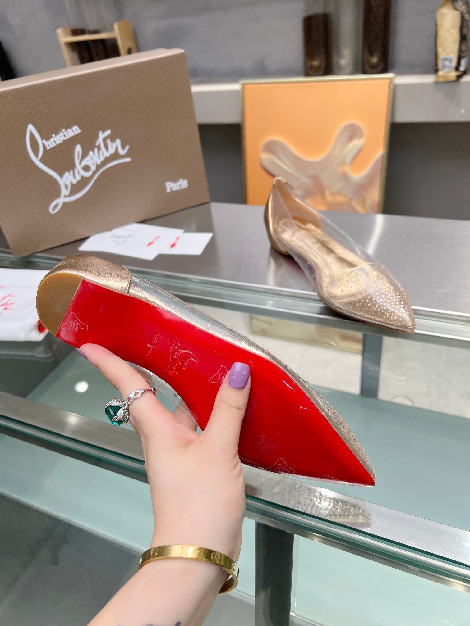 CL Degrastrass Flats Silver PVC and Strass Light Peach