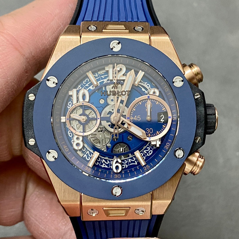 Hublot Big Bang Unico Rose Gold 42mm Watch with Blue Ceramic Bezel