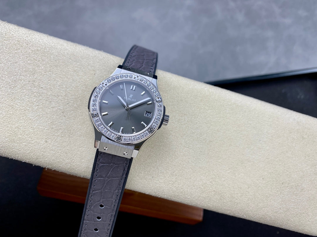 Hublot Classic Fusion Titanium Diamonds 33mm Watch Grey Leather Strap