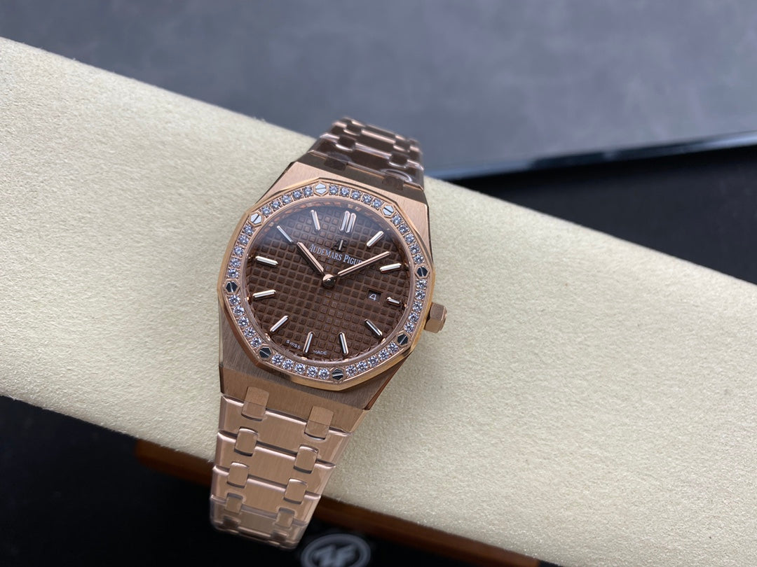 Audemars Piguet Royal Oak Lady 33mm Rose Gold Brown Dial Diamond Bezel