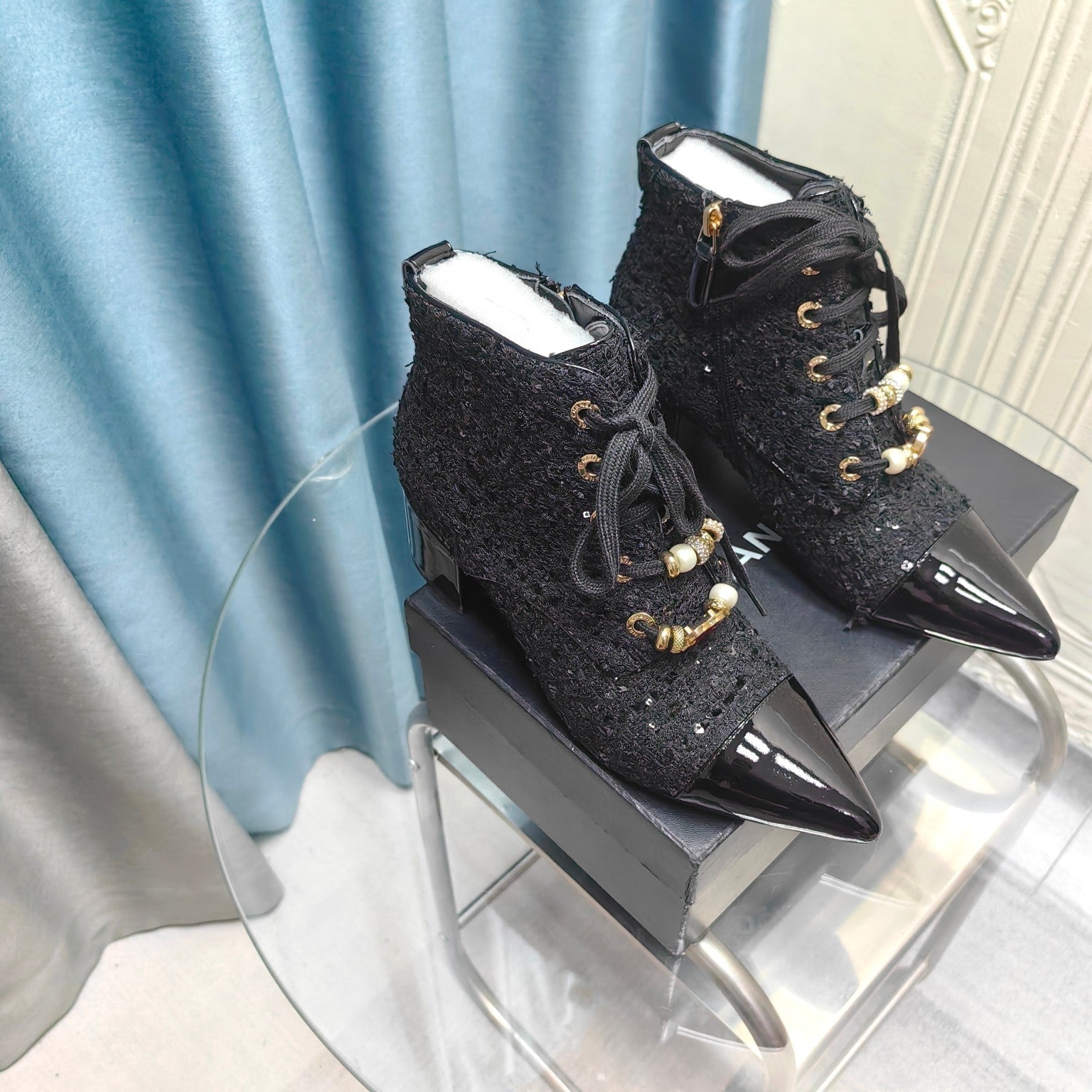 CC Ankle Boots Black Tweed Fabric And Lambskin