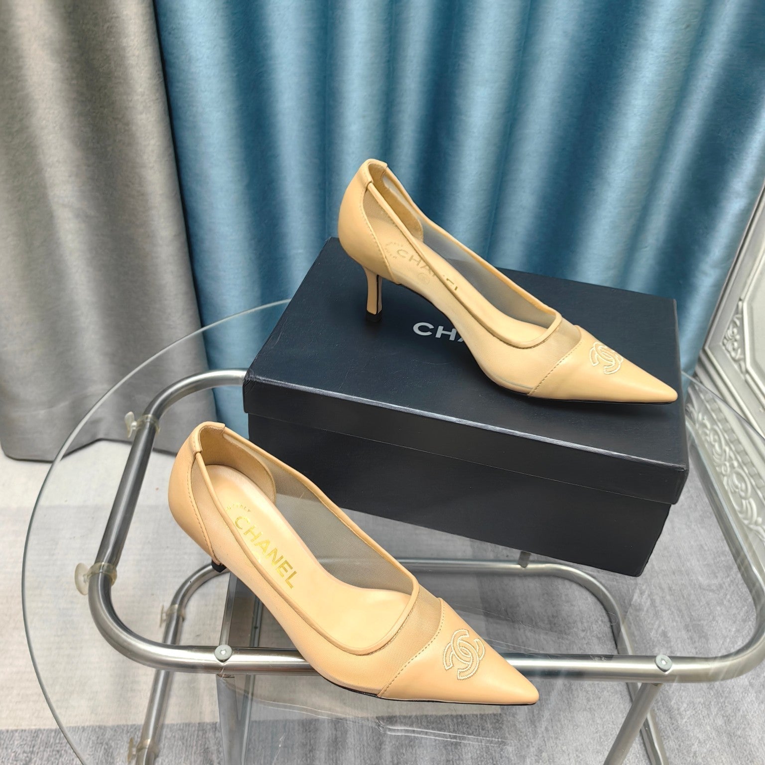 CC Pumps 50 Beige Mesh Leather Pointed Toe
