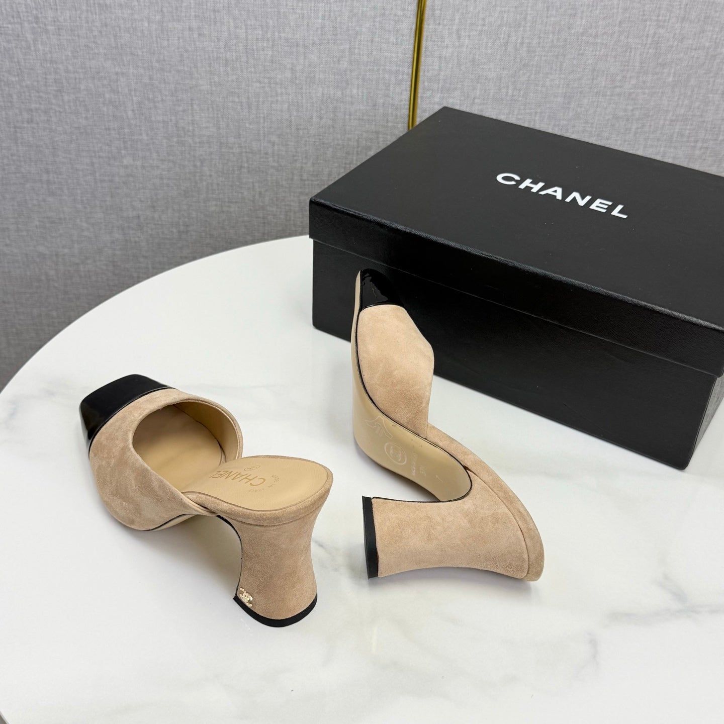 Chanel 2026 Double C Square-toe Sandal 70mm Beige Black Suede Leather 619768