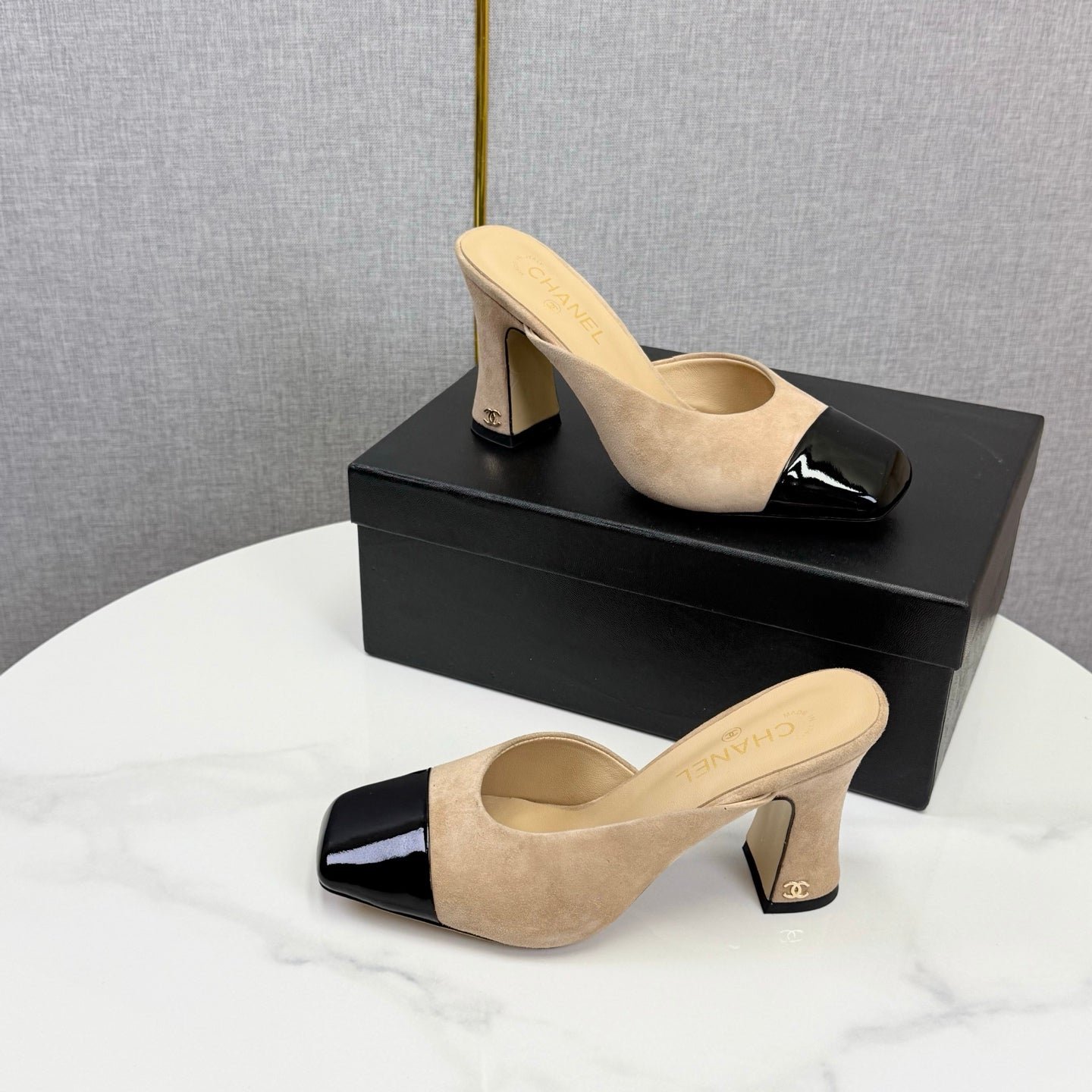 Chanel 2026 Double C Square-toe Sandal 70mm Beige Black Suede Leather 619768