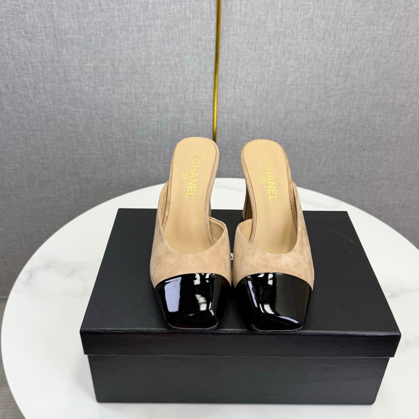 Chanel 2026 Double C Square-toe Sandal 70mm Beige Black Suede Leather 619768