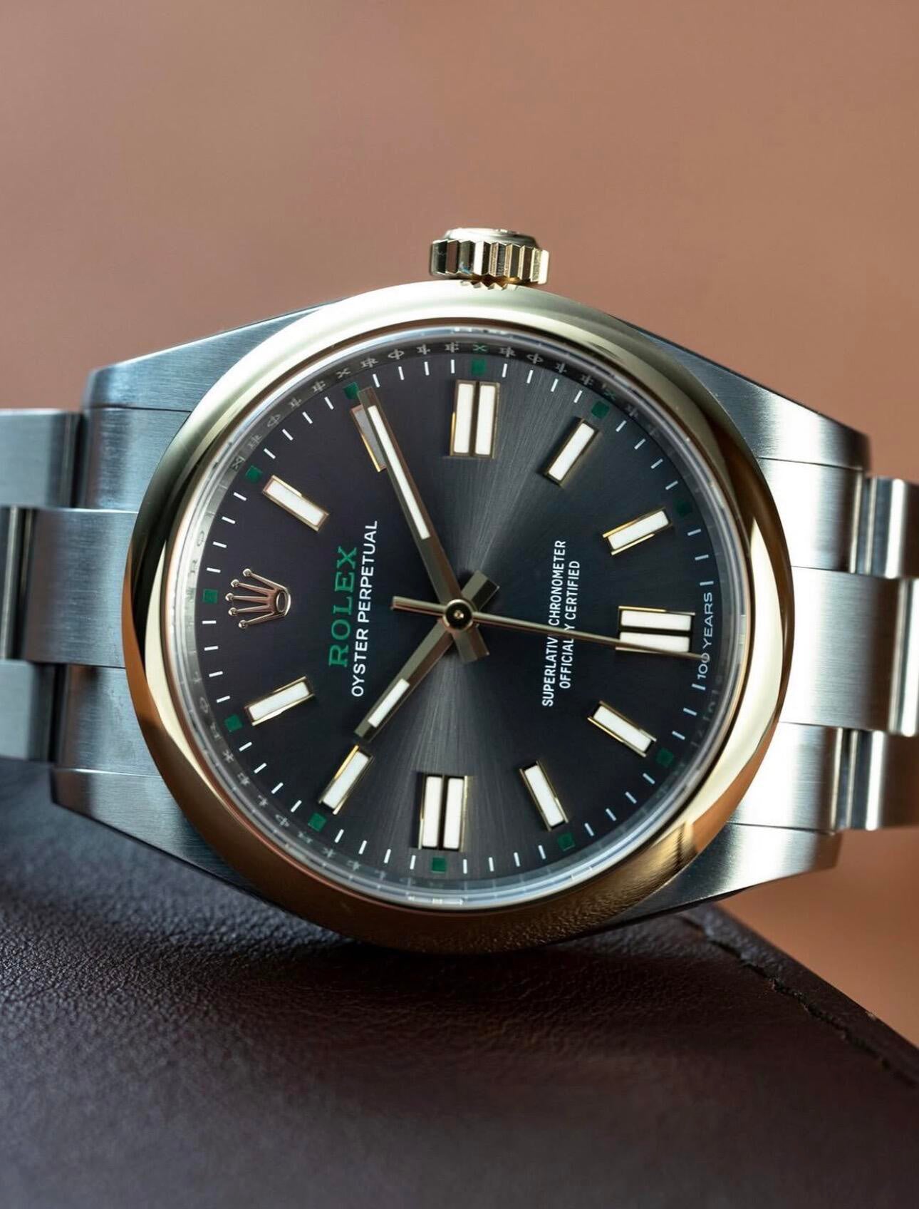 Rolex Oyster Perpetual 41mm Grey Dial Gold Bezel