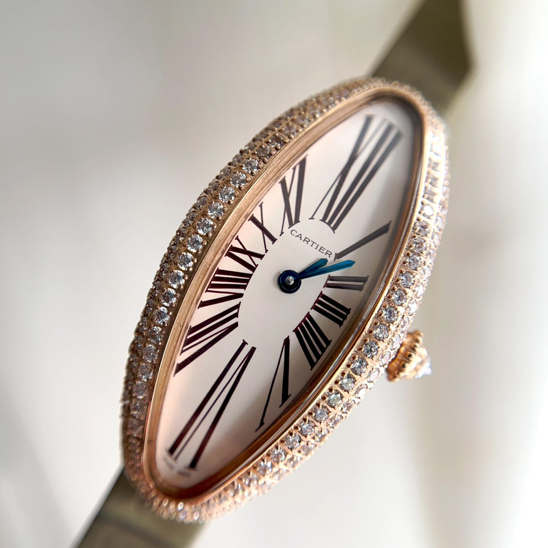 Vintage Baignoire 21mm Pink Gold Diamond Case Khaki Leather