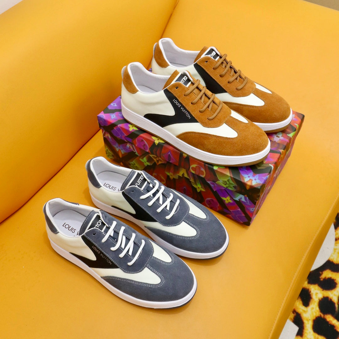 LV TRAINERS IN AMBER YELLOW SUEDE AND WHITE MIX BLACK CALFSKIN