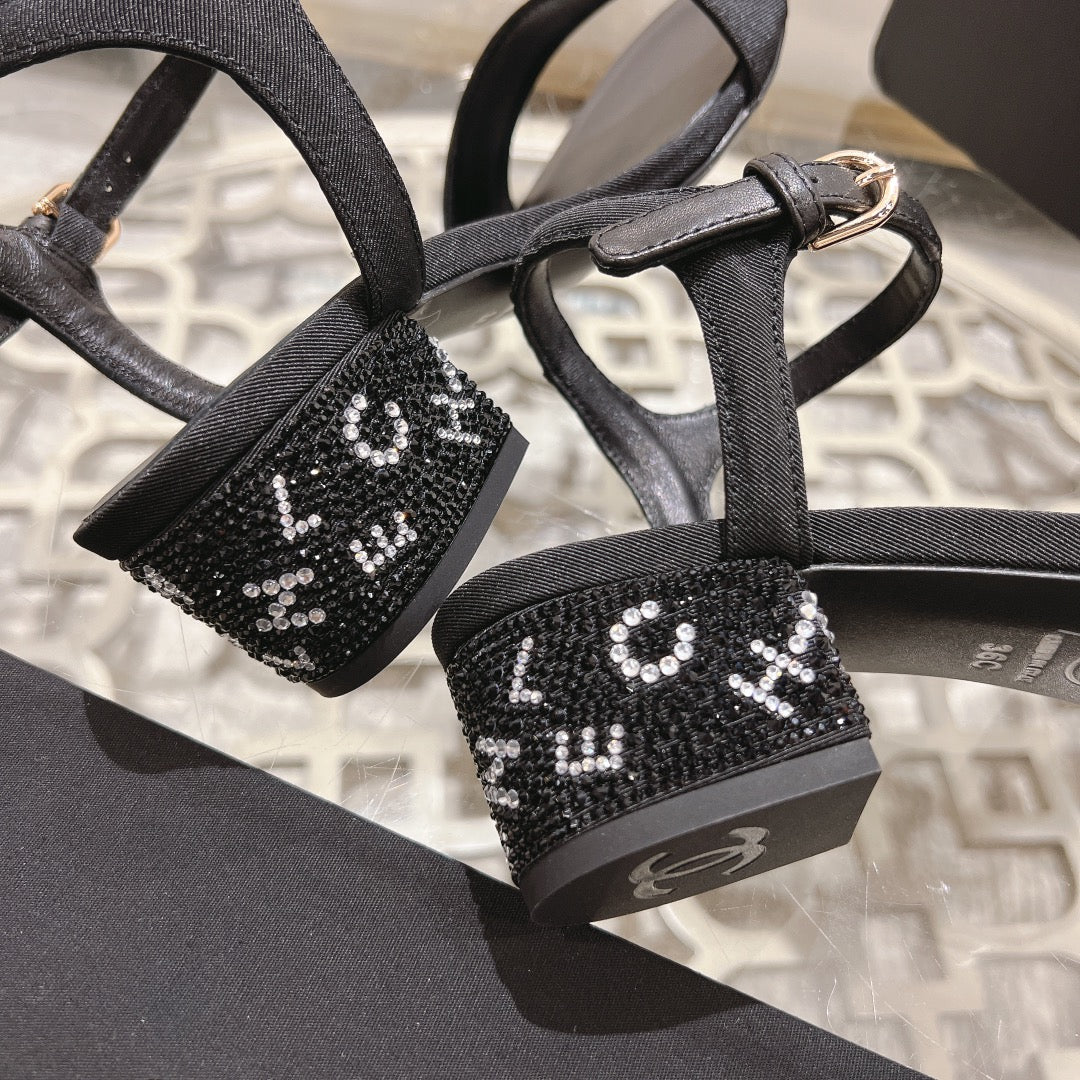 CC 25C 5CM Mid Heed Sandals Black Fabric 213321