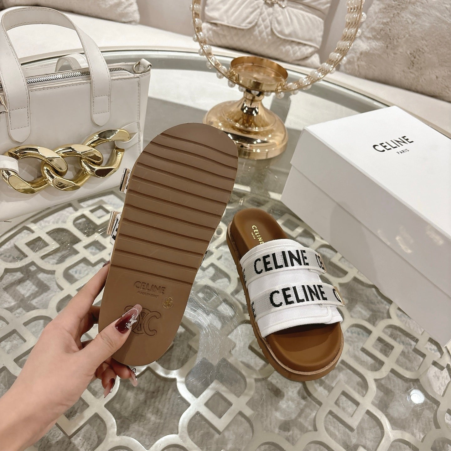 Celine 26 Pitea Sandals Jacquard Cotton Fabric Leather 736580