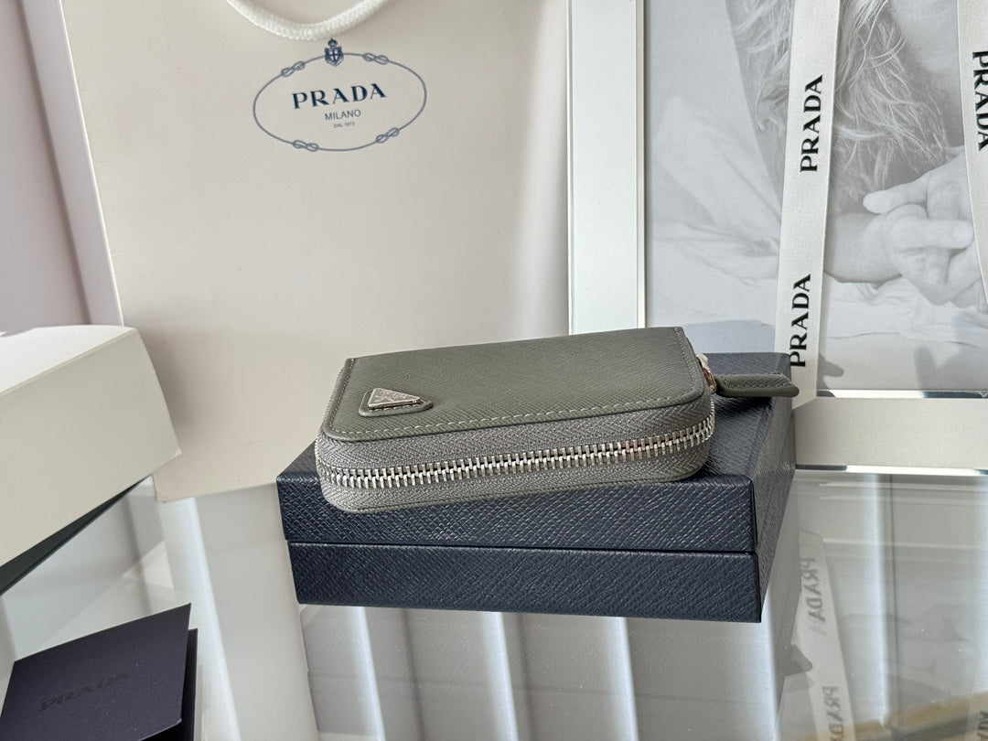 Prada 2026 Cardholder Zipper Bag 10cm Logo Silver Calfskin