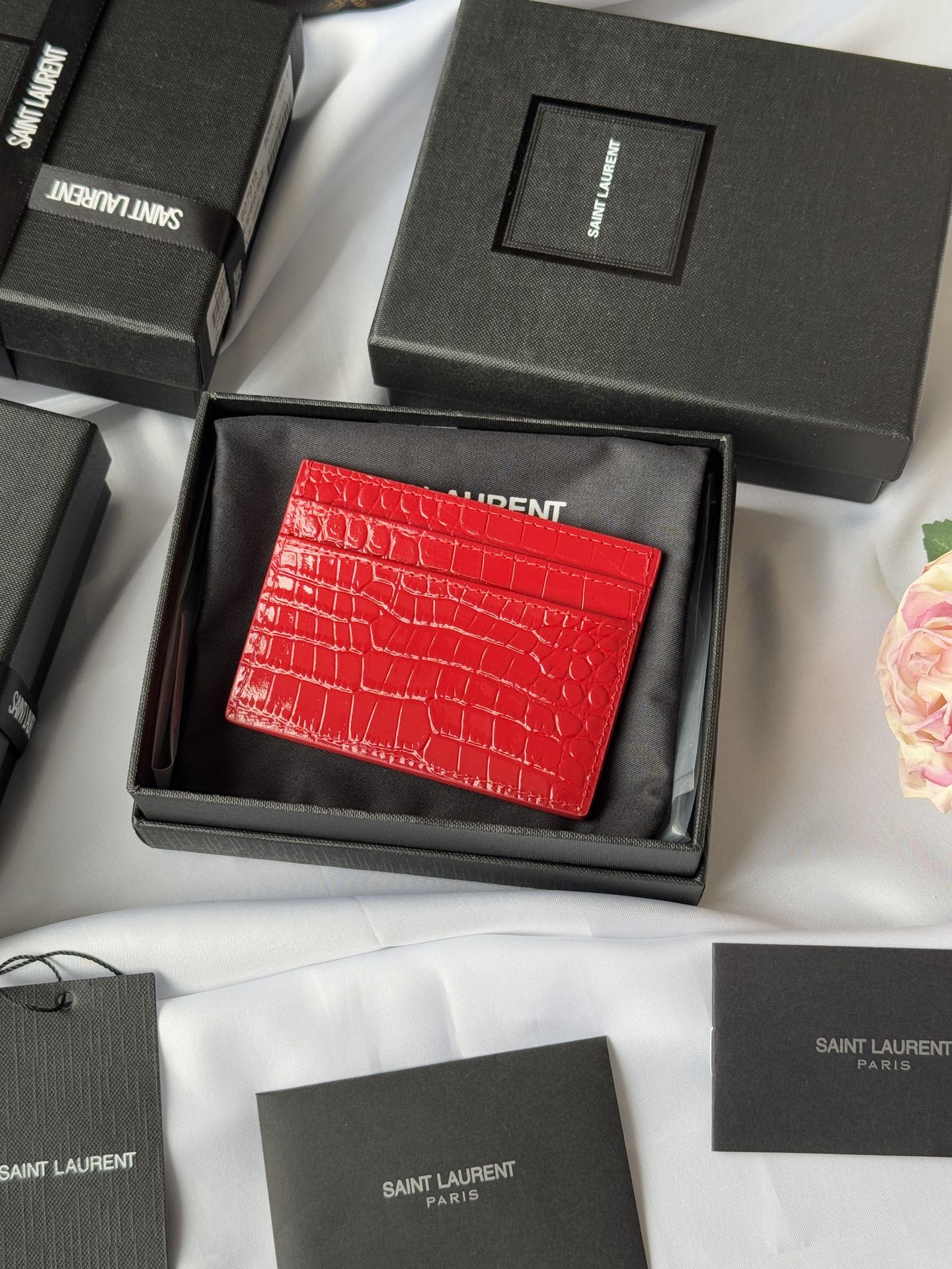 YSL Card Holder 10cm Wallet Red Gold Leather 240563