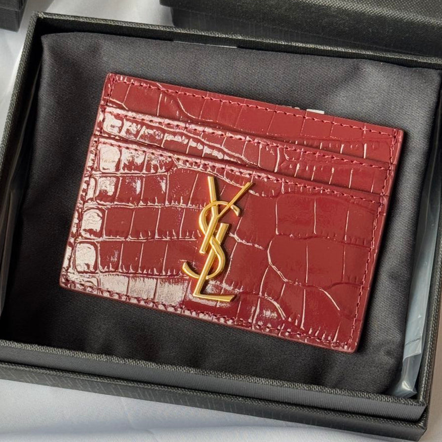 YSL Card Holder 10cm Wallet Burgundy Gold Leather 240559