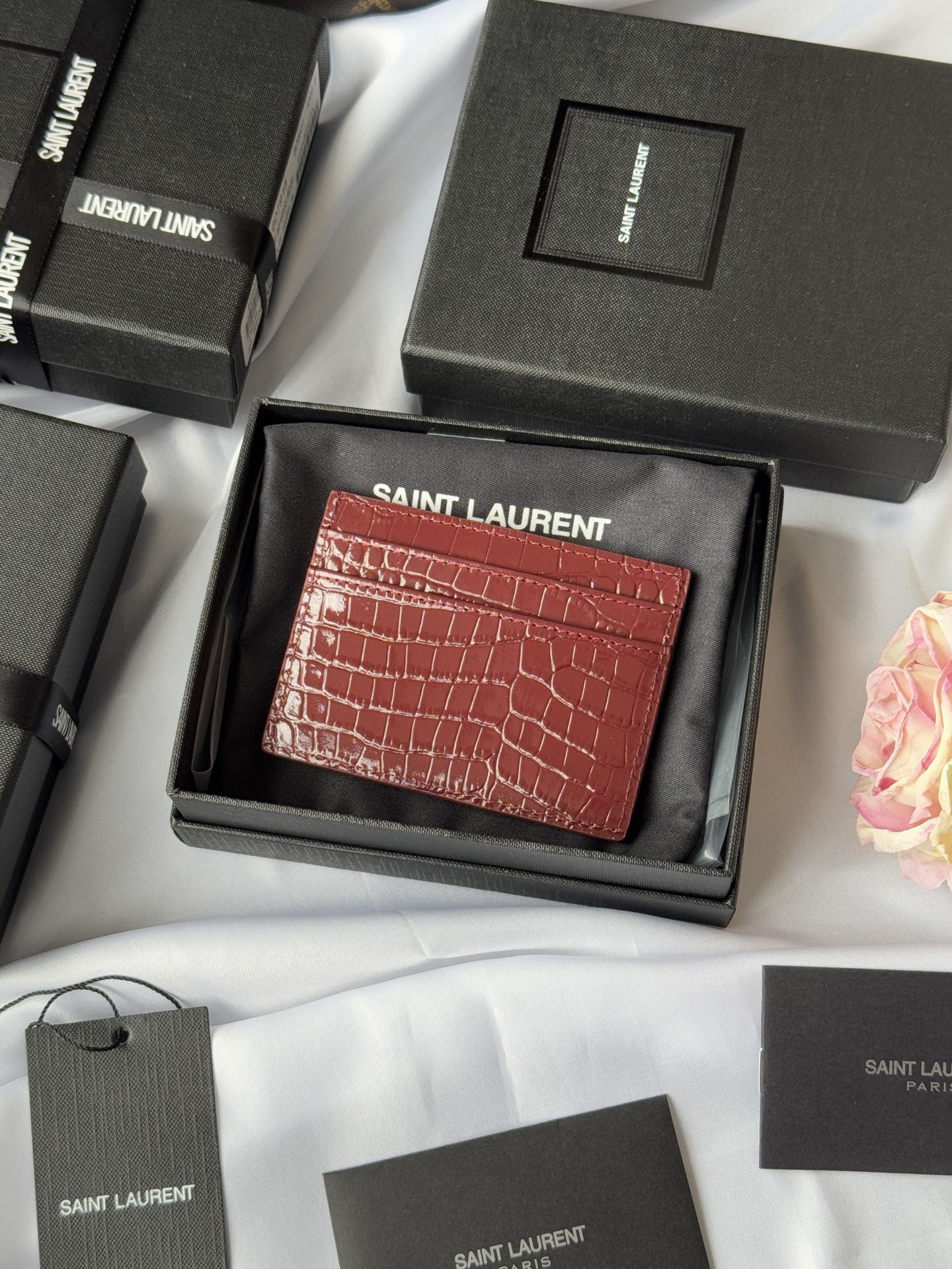 YSL Card Holder 10cm Wallet Burgundy Gold Leather 240559