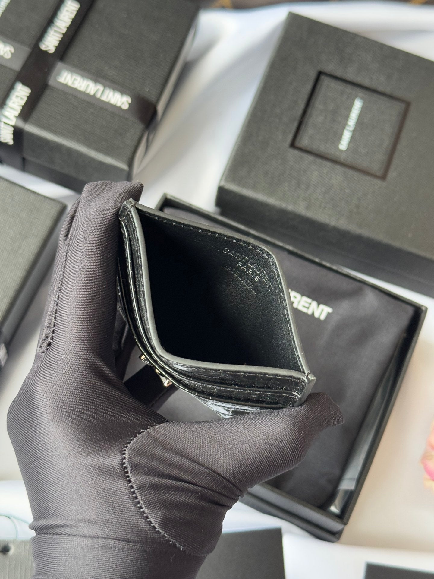 YSL Card Holder 10cm Wallet Black Silver Leather 240554
