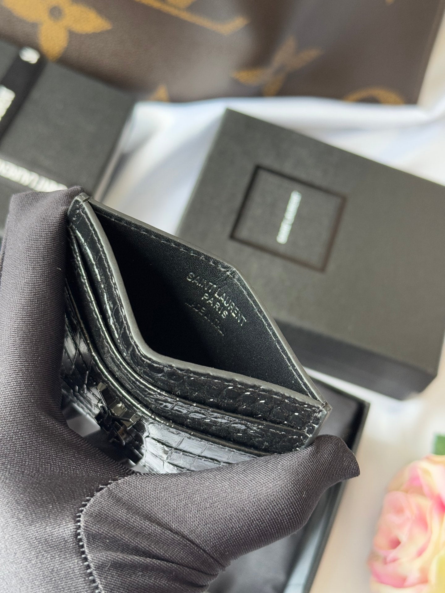 YSL Card Holder 10cm Wallet Full Black Leather 240552
