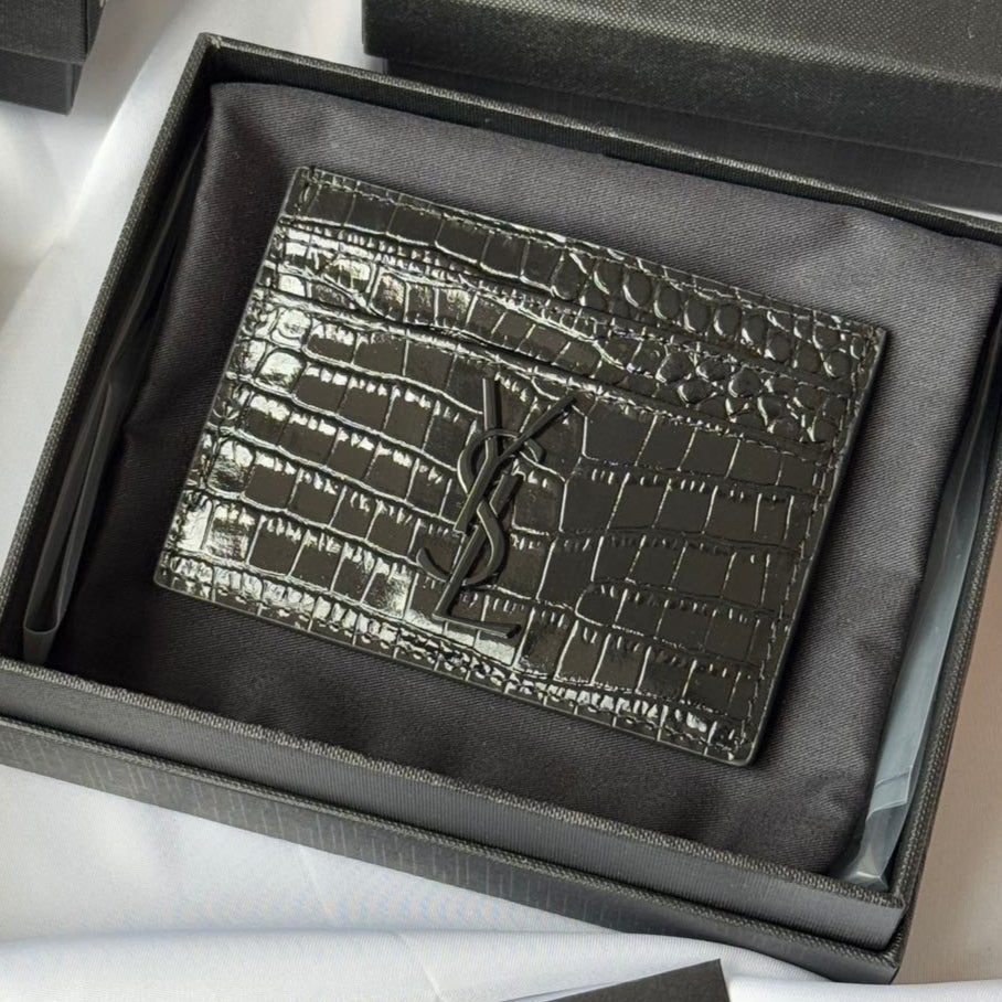 YSL Card Holder 10cm Wallet Full Black Leather 240552