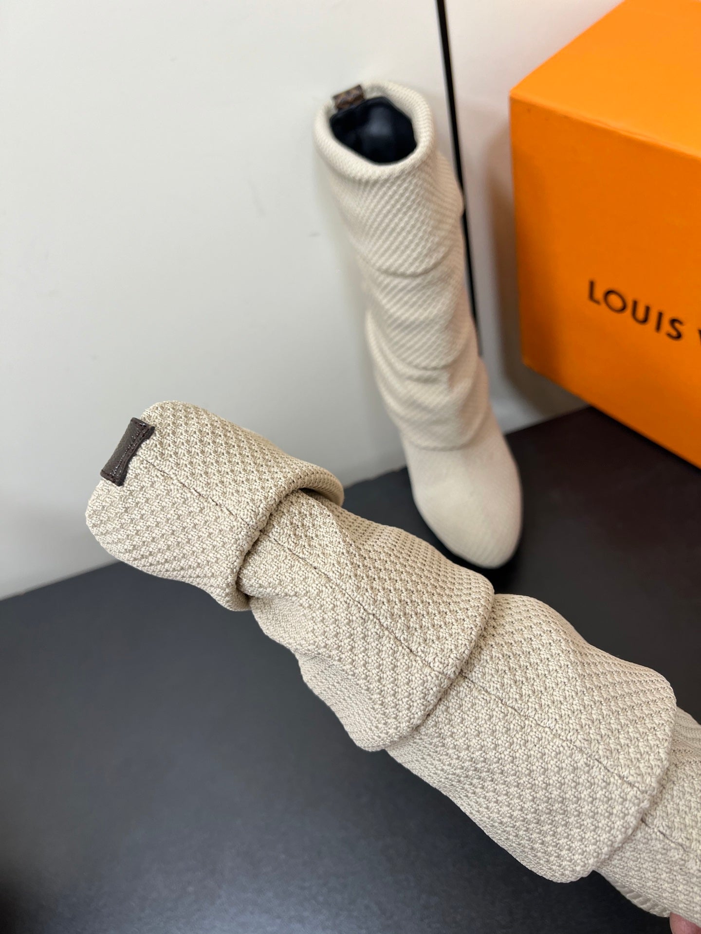 LV 26s Mid-Calf Boots 110 Off-White Knit Fabric 619403