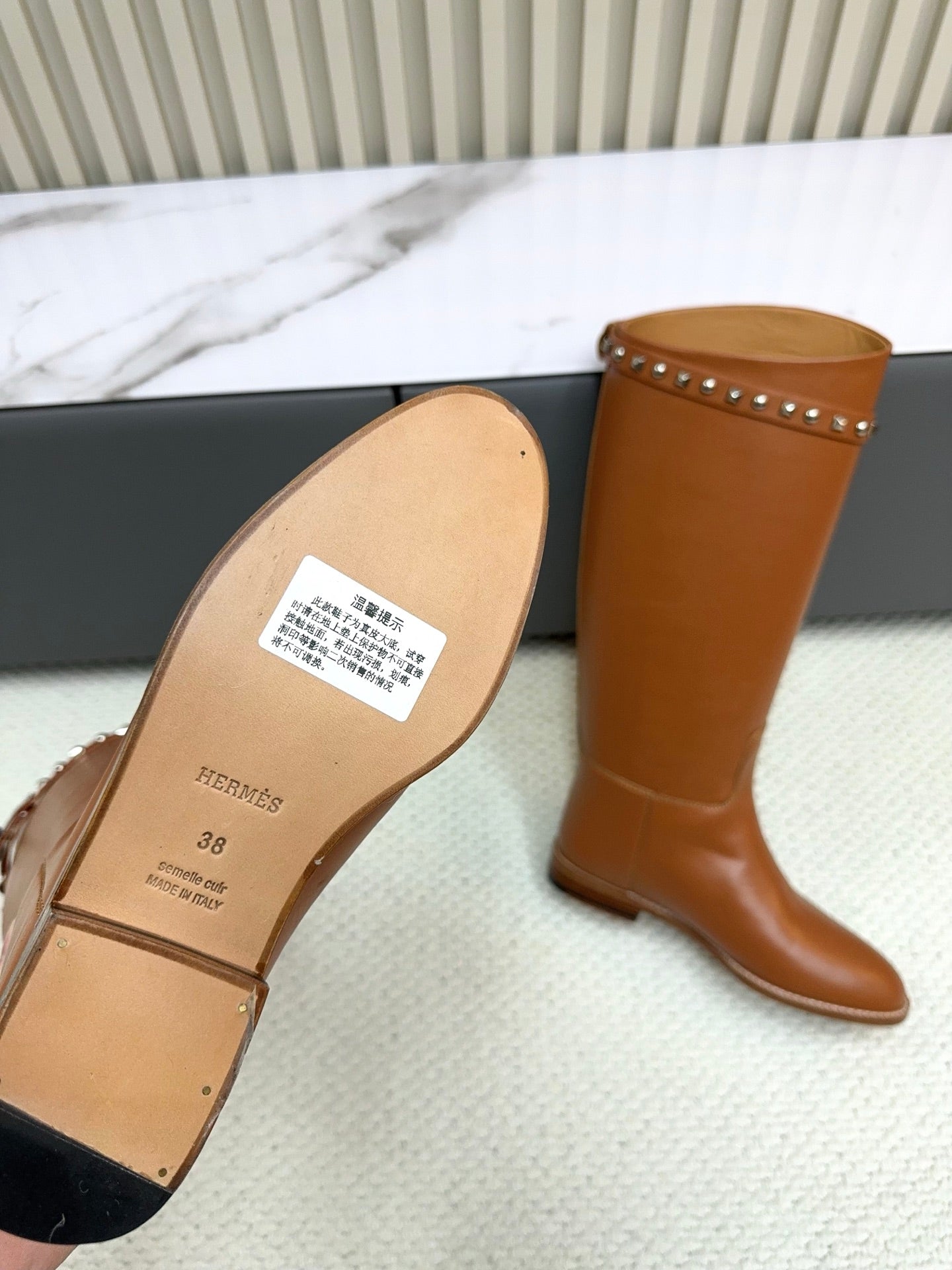 HM 25ss Kelly Buckle Riding Boots Camel Brown Cowhide 576123