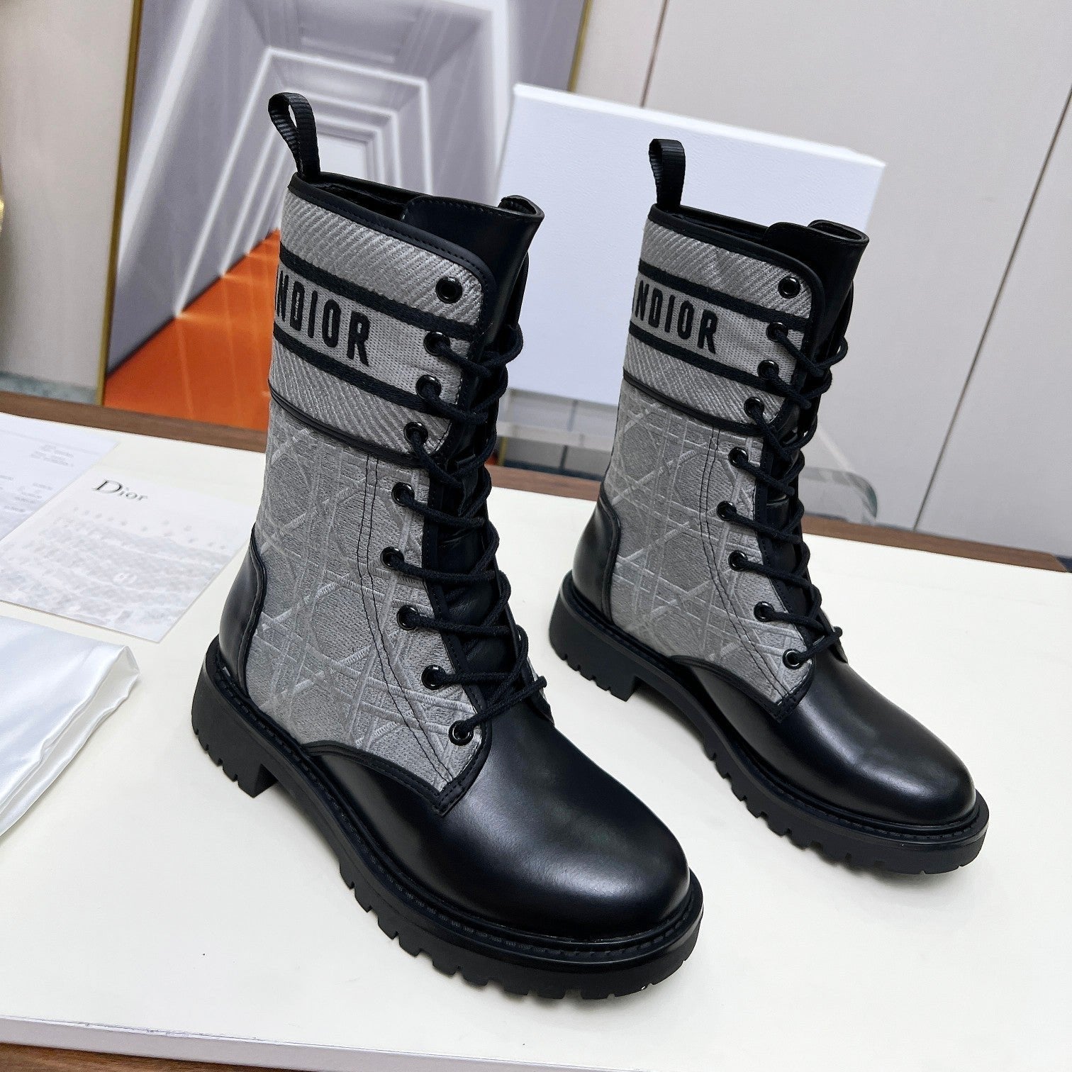 CD D-Major Ankle Boot In Grey Mix Black Denim Fabric And Lambskin  107724