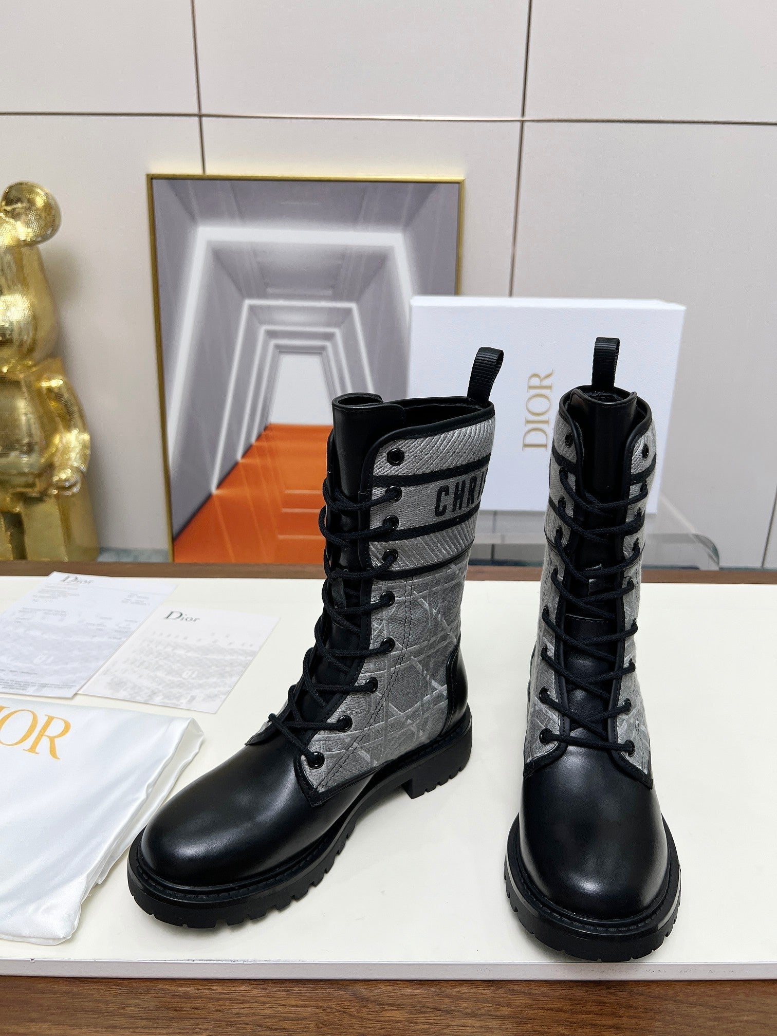 CD D-Major Ankle Boot In Grey Mix Black Denim Fabric And Lambskin  107724