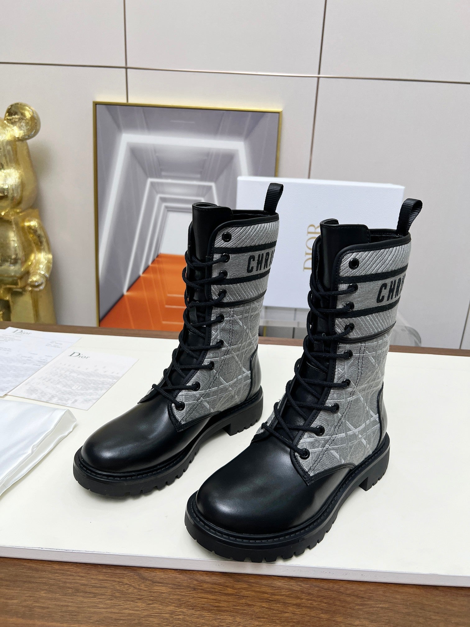 CD D-Major Ankle Boot In Grey Mix Black Denim Fabric And Lambskin  107724