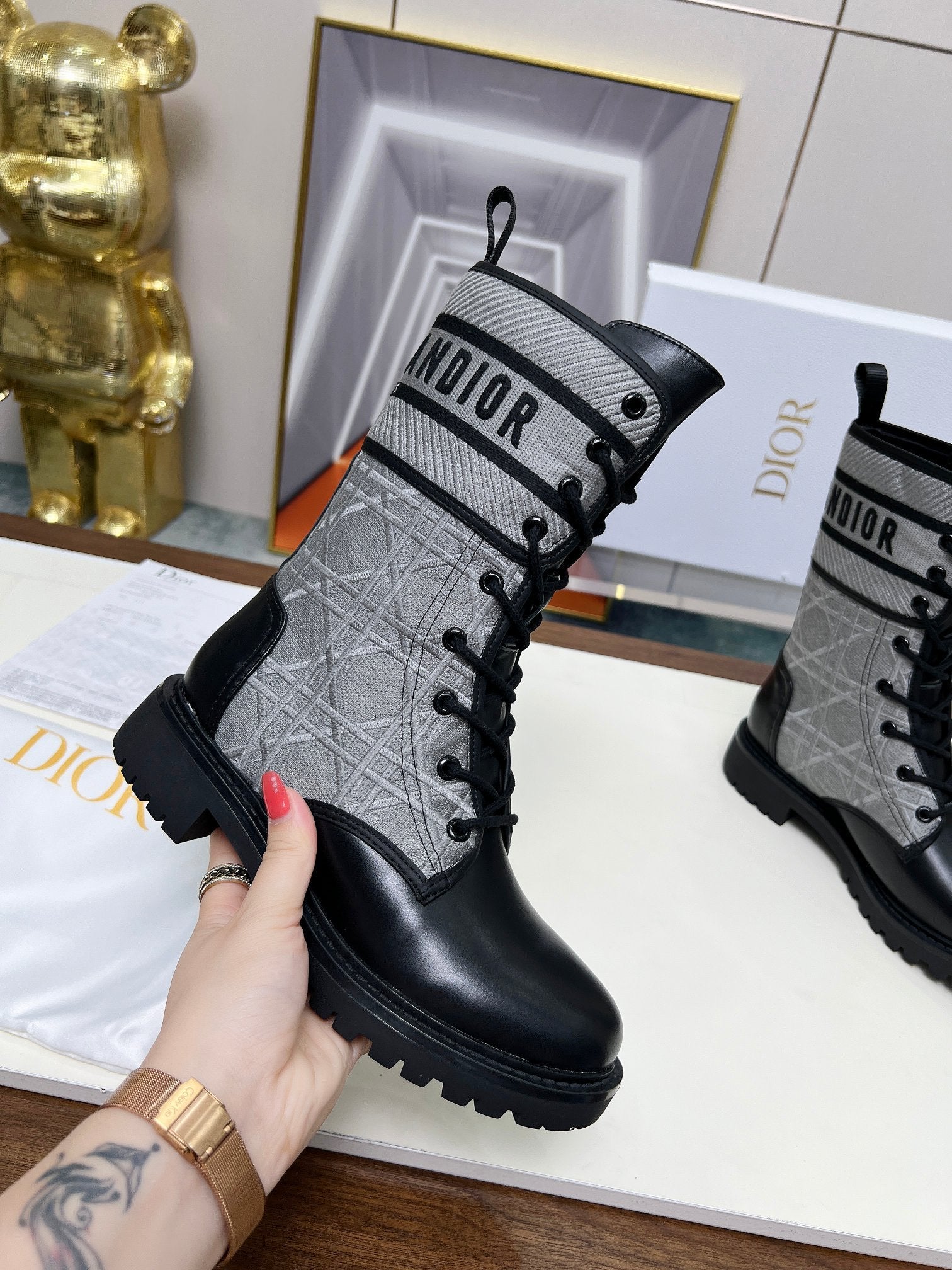 CD D-Major Ankle Boot In Grey Mix Black Denim Fabric And Lambskin  107724