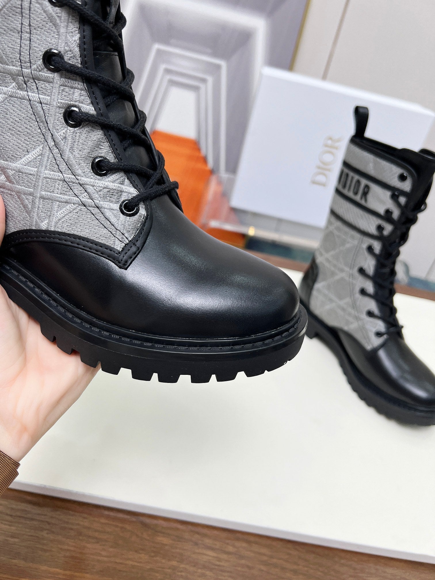 CD D-Major Ankle Boot In Grey Mix Black Denim Fabric And Lambskin  107724